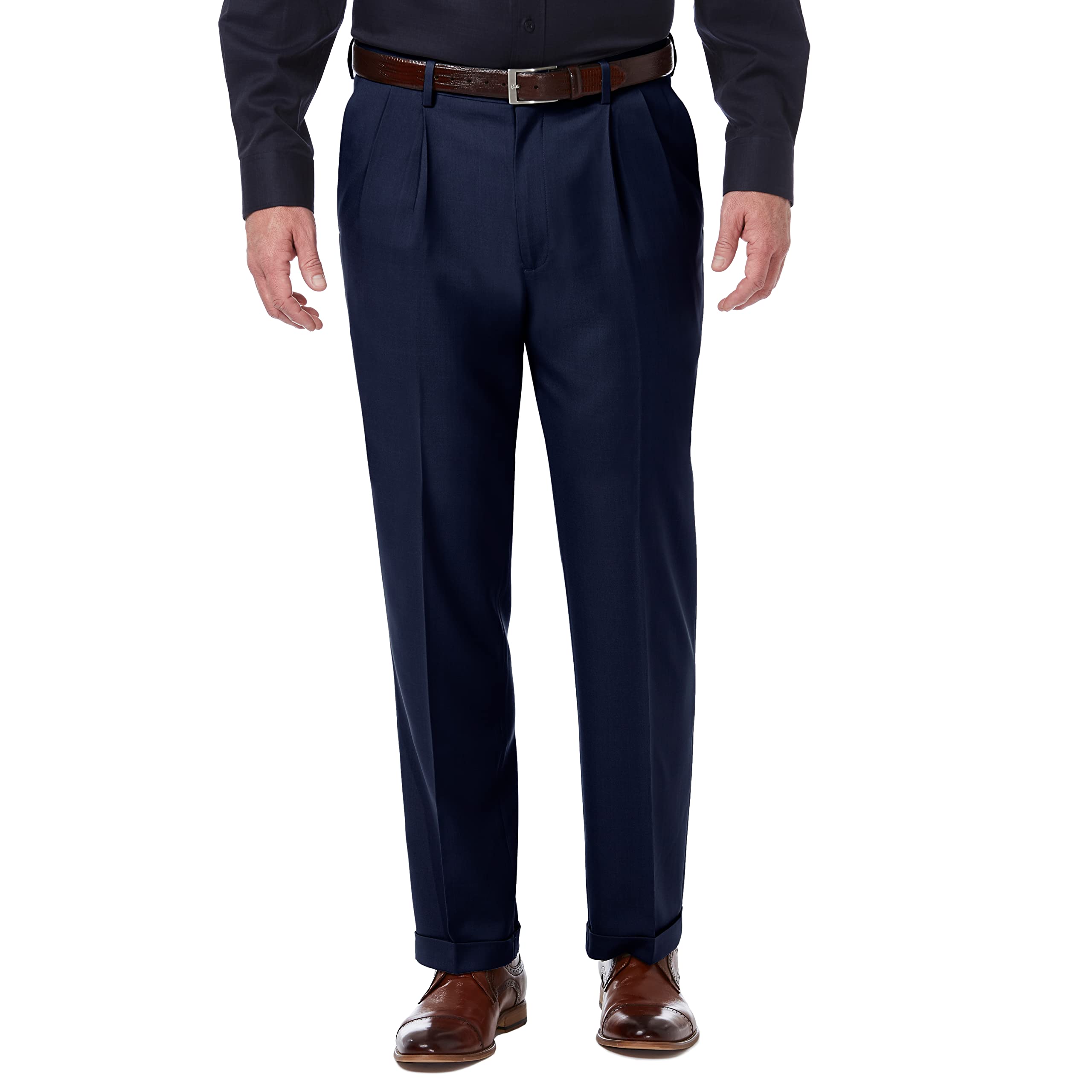Haggar mens Premium Comfort Classic Fit Pleat Expandable Waist Dress Pants, Blue, 40W x 30L US