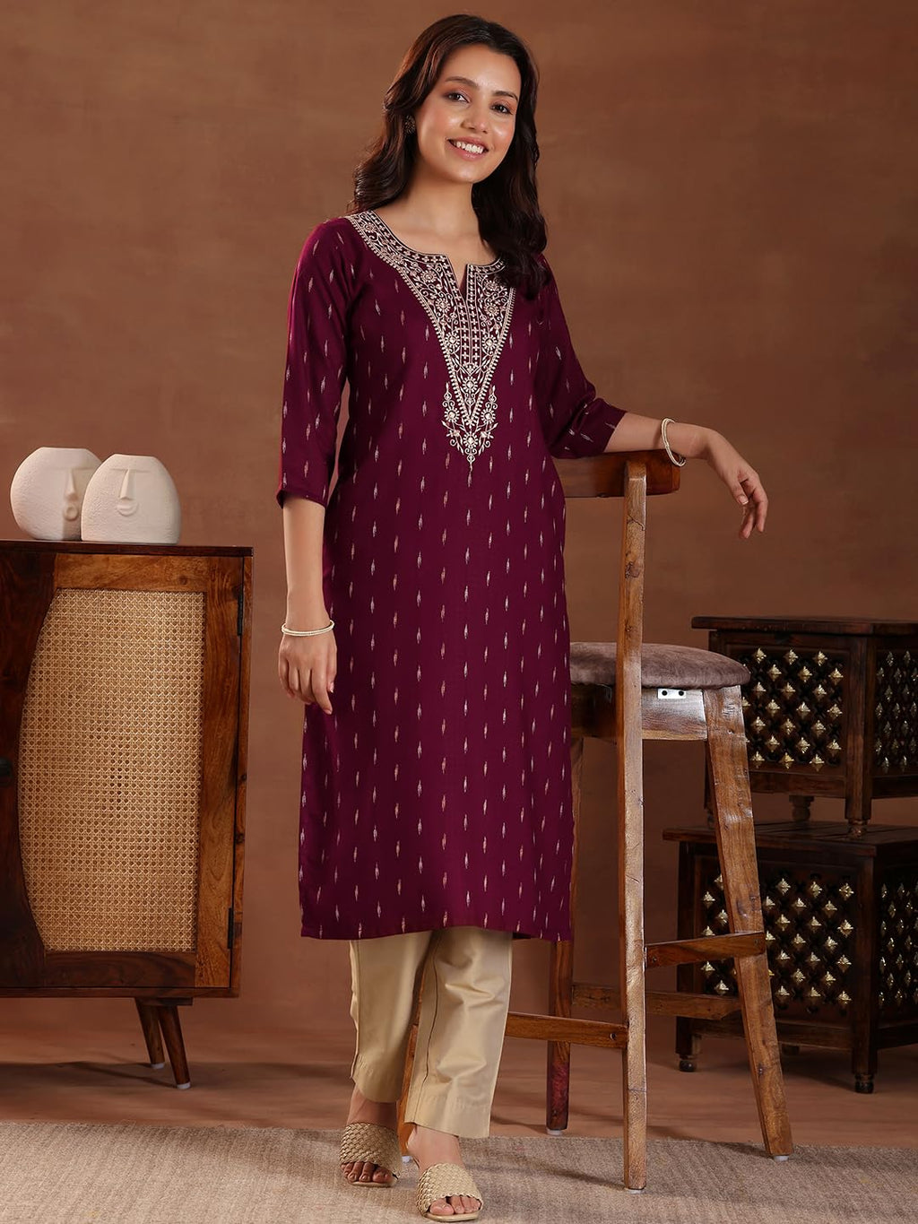 Libas WomenS Cotton Woven Design Straight Kurta (26967R Maroon