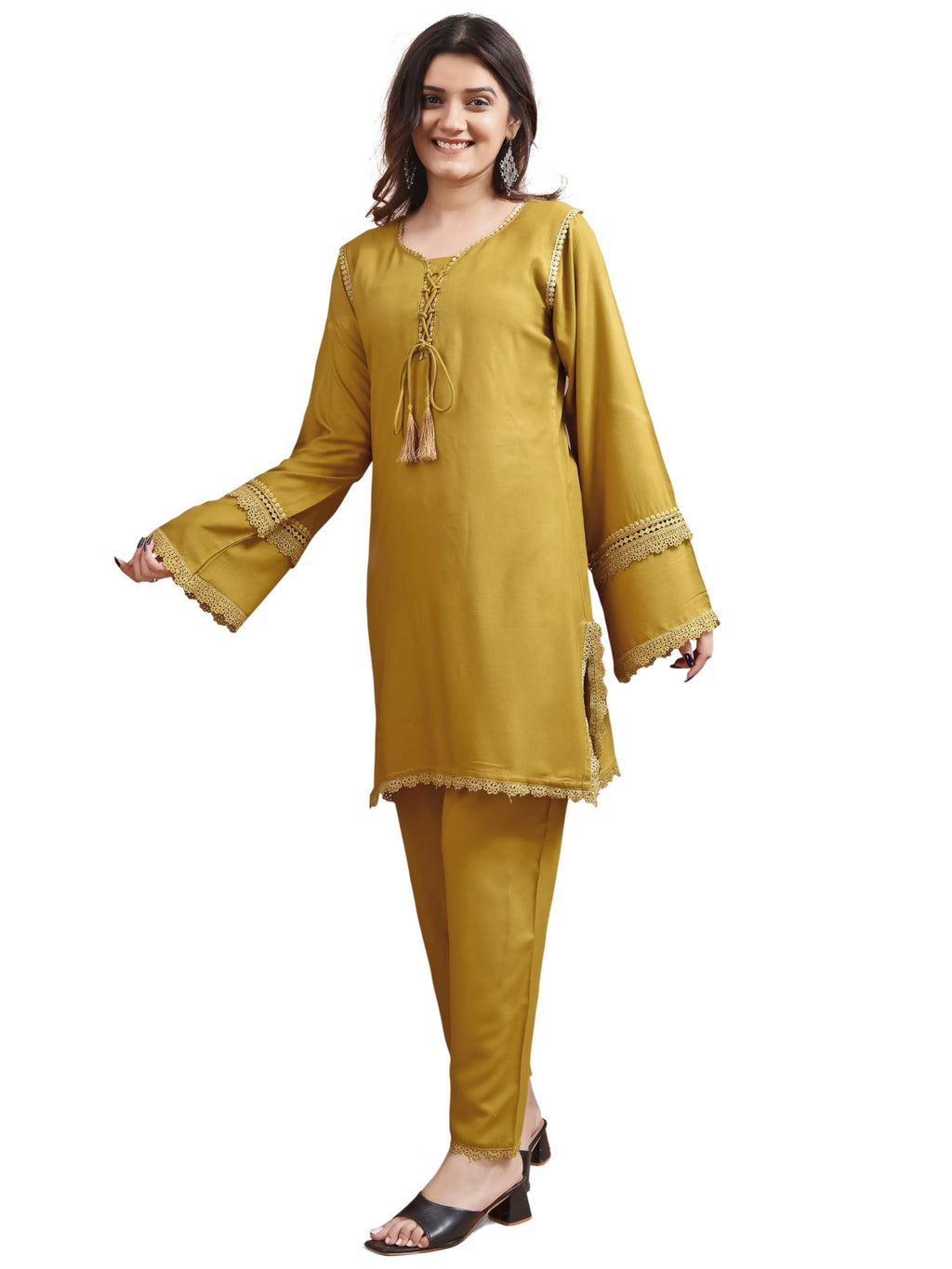 Womanista Women'S Mustard Colour Rayon Lace Work Tunic With Trouser Cord Set(Co-Ords_9092_L), Solid