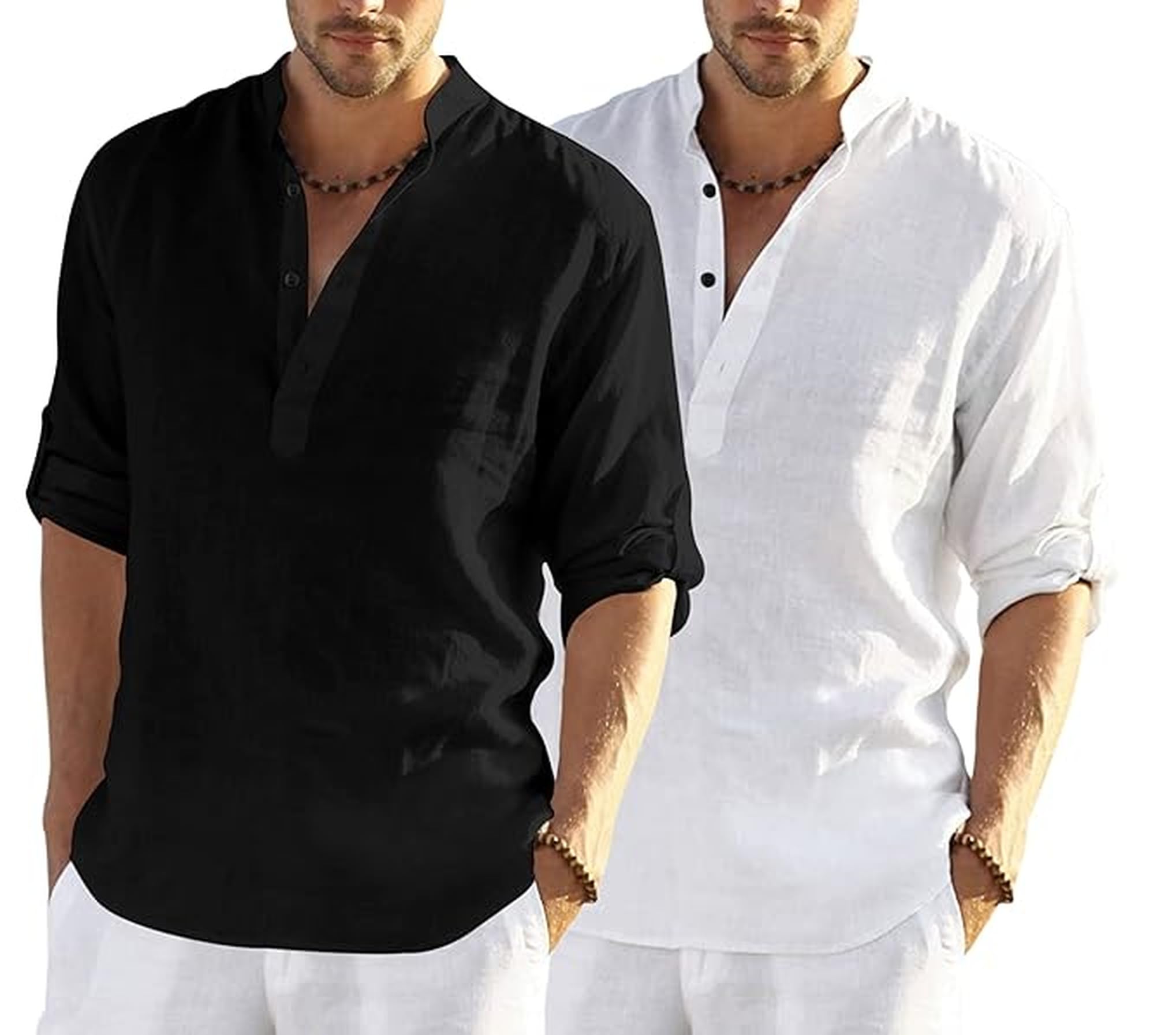 Bellstone MenS Cotton Blend Solid Regular Dress Shirt (Kurta800_Combo_Black_White_Xl
