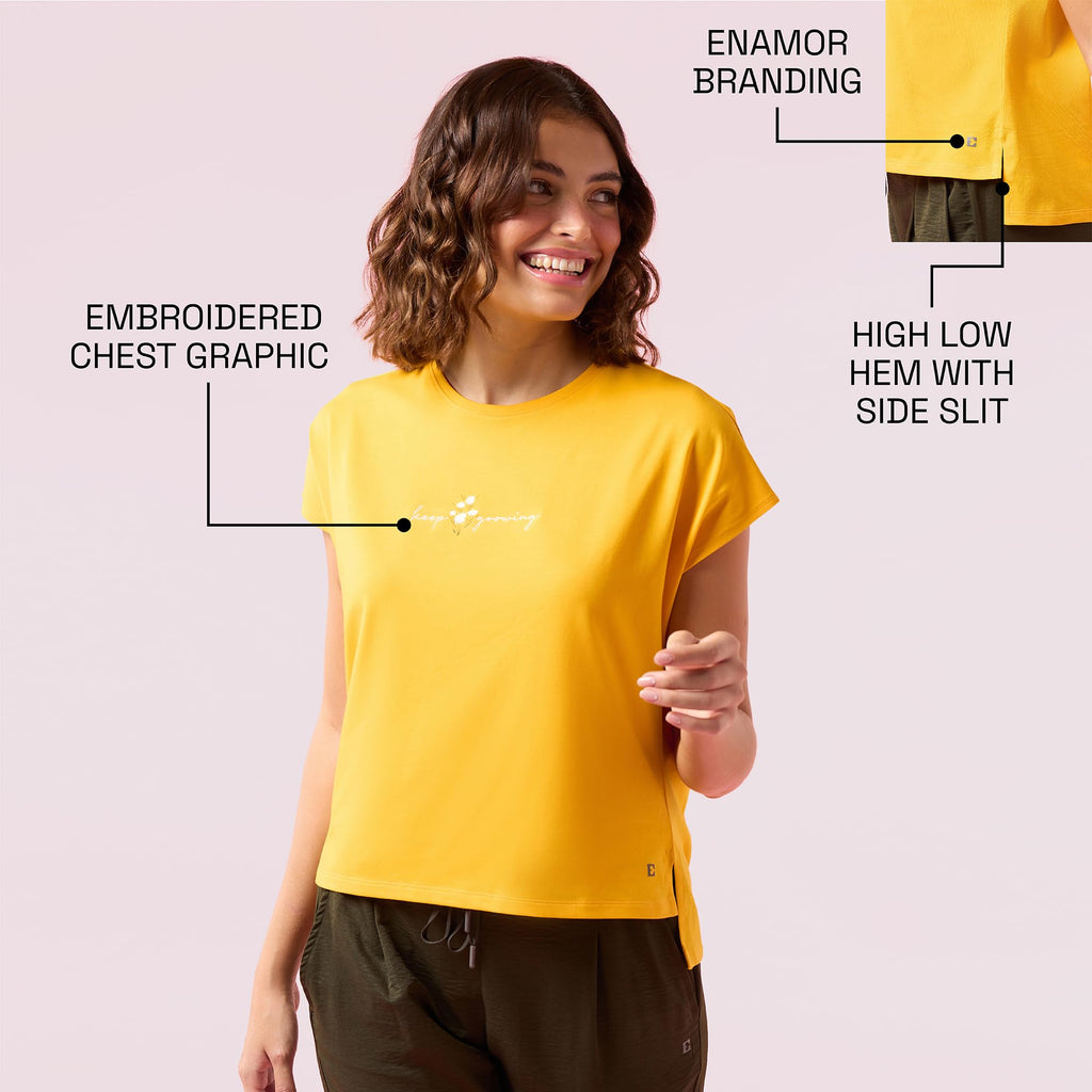 Enamor Womens Solid Relaxed Fit T-Shirt (E3G7_Saffron Keep Growing