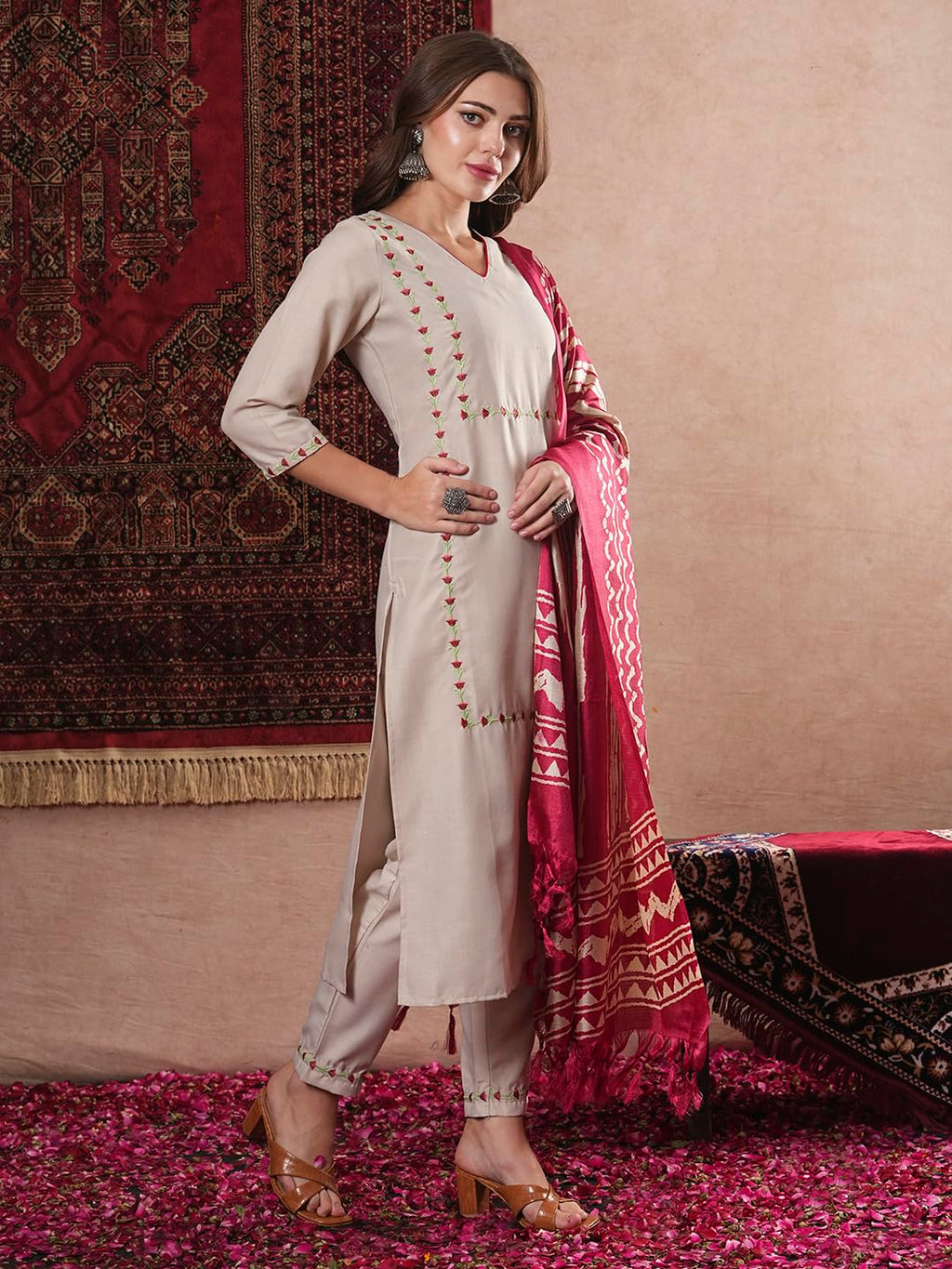 ANNI DESIGNER Ladies Cotton Blend Embroidered Straight Trousers Kurta Dupatta