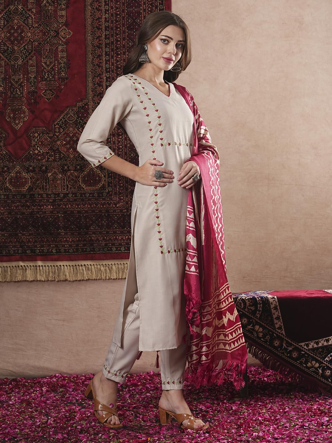 ANNI DESIGNER Ladies Cotton Blend Embroidered Straight Trousers Kurta Dupatta