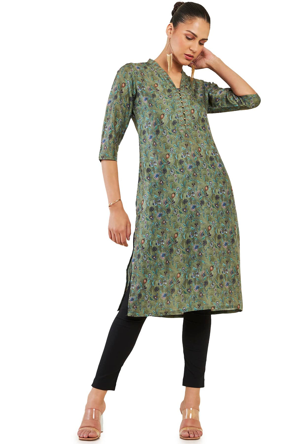 Soch Women Olive Cotton Blend Floral Kurta(8907715977059_Olive_L)