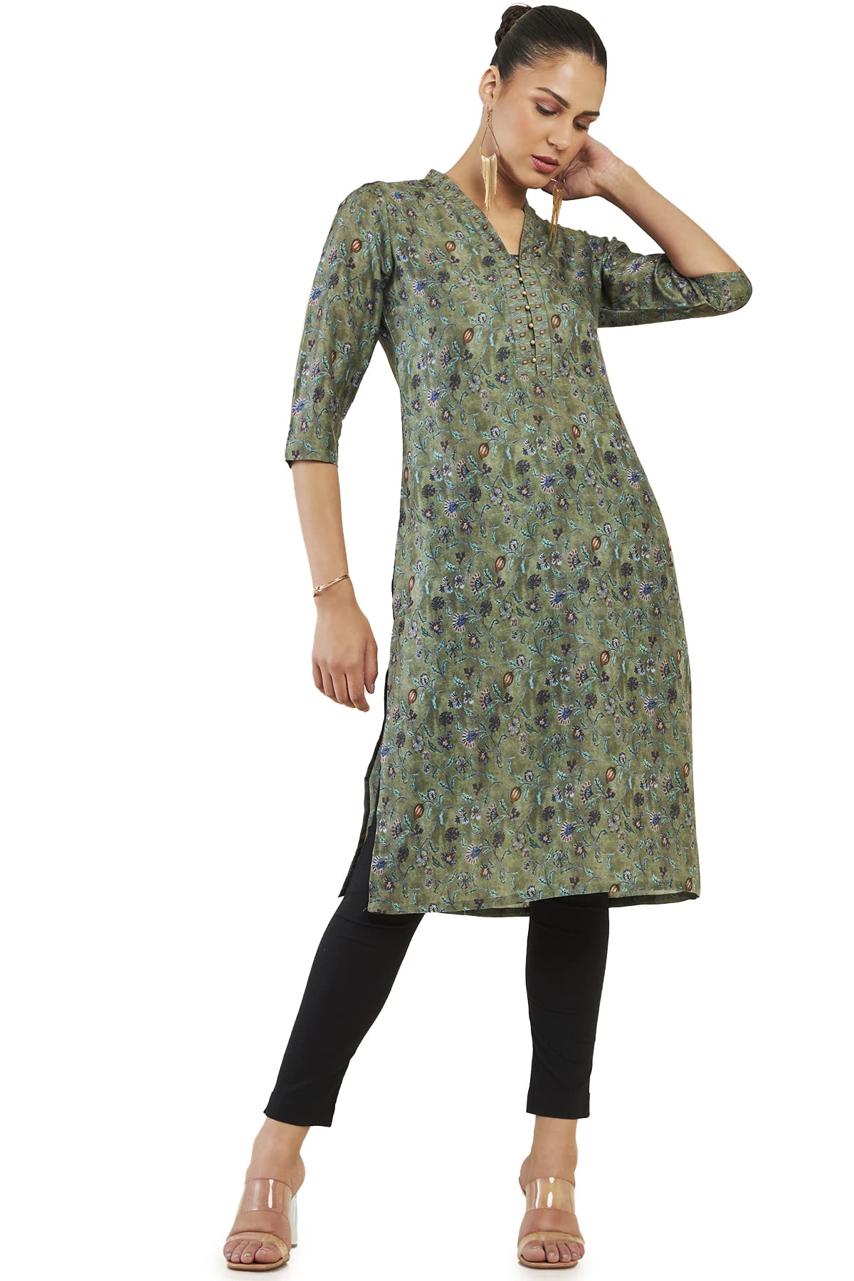 Soch Women Olive Cotton Blend Floral Kurta(8907715977059_Olive_L)