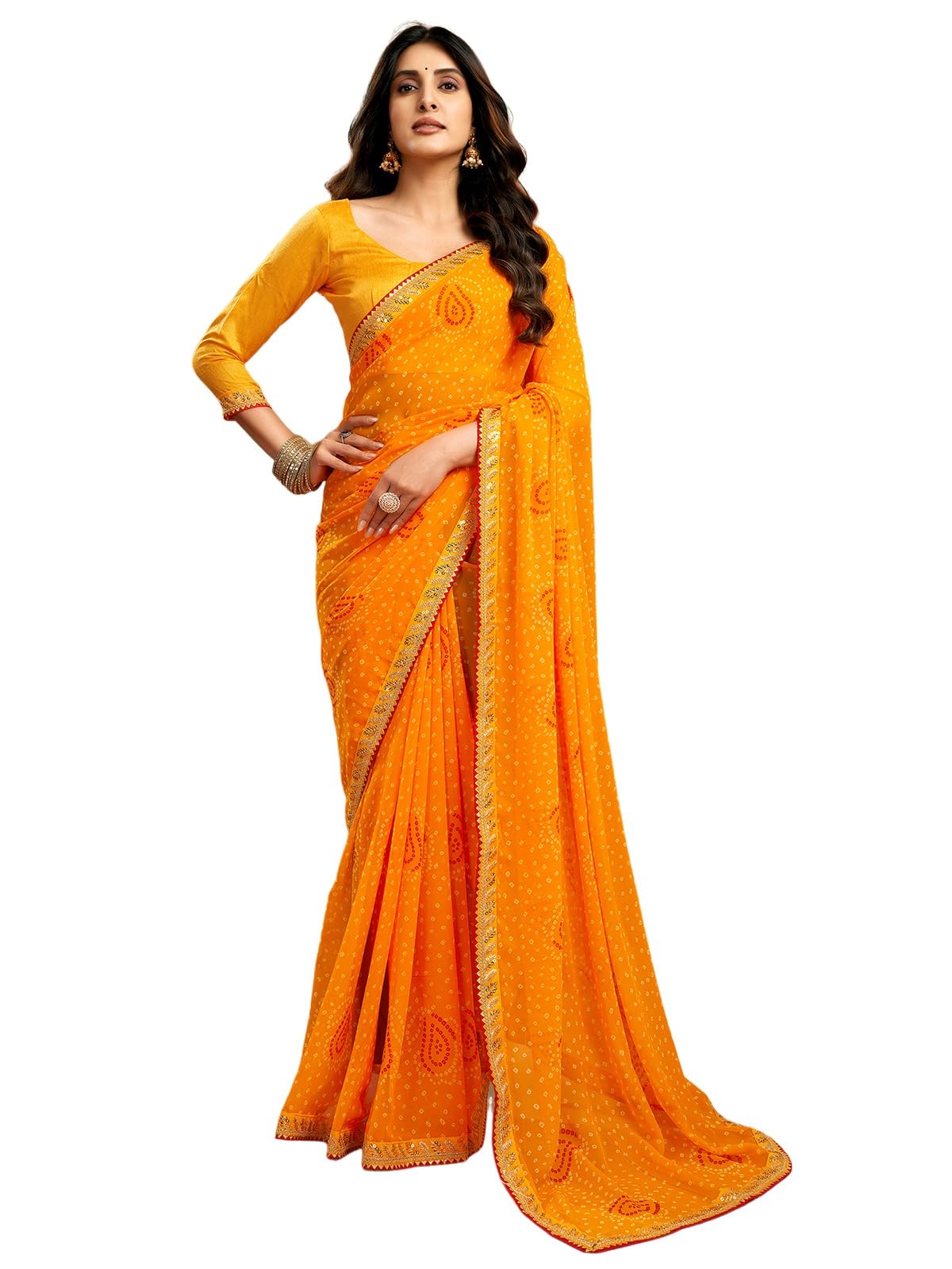 Satrani Womens Georgette Bandhani Printed Saree with Unstitched Blouse Piece (4010S261N_Yellow)