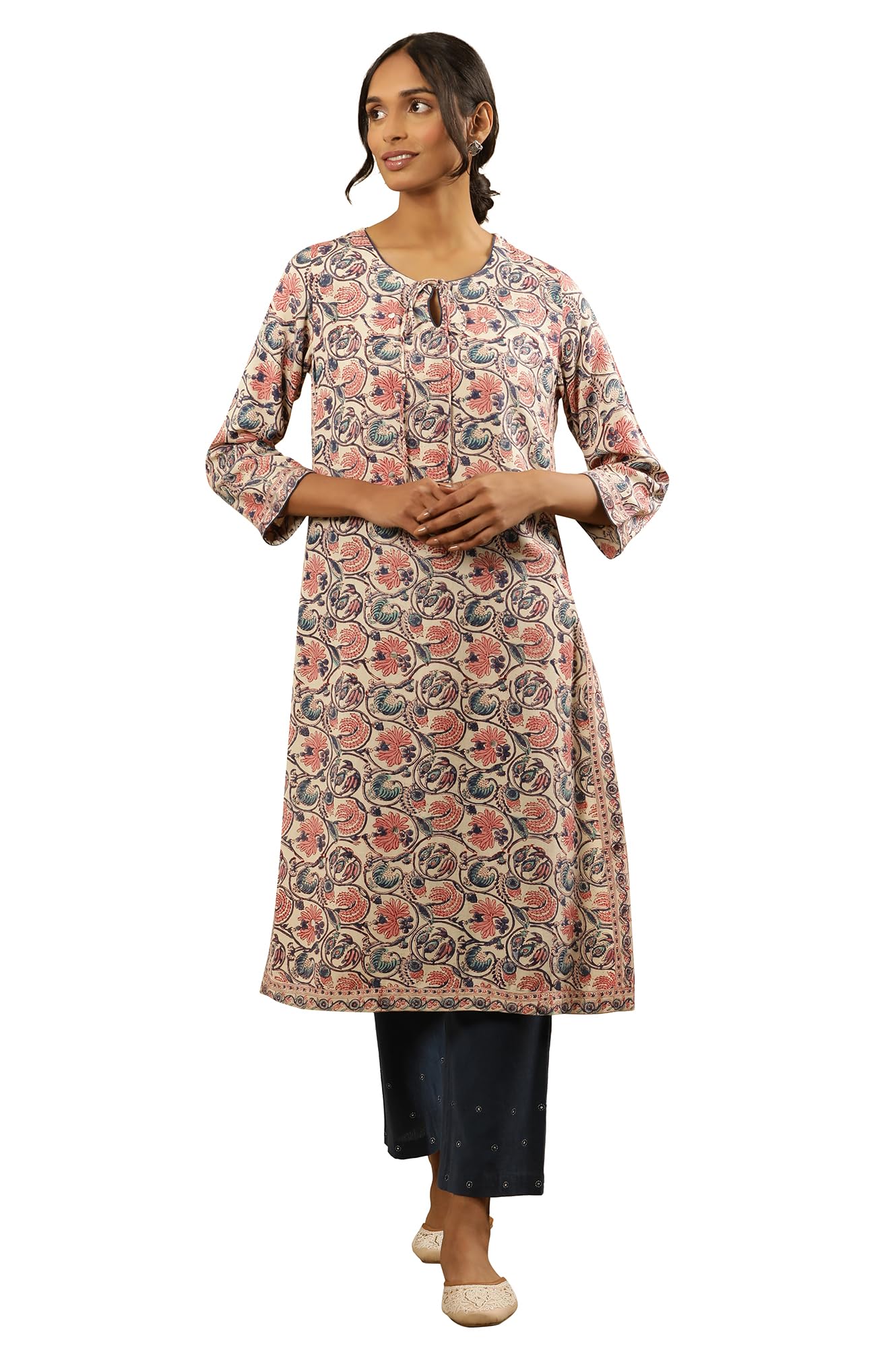 Folksong By W Women Off White Floral Print Viscose Straight Kurta_24Maf11700-910965_L