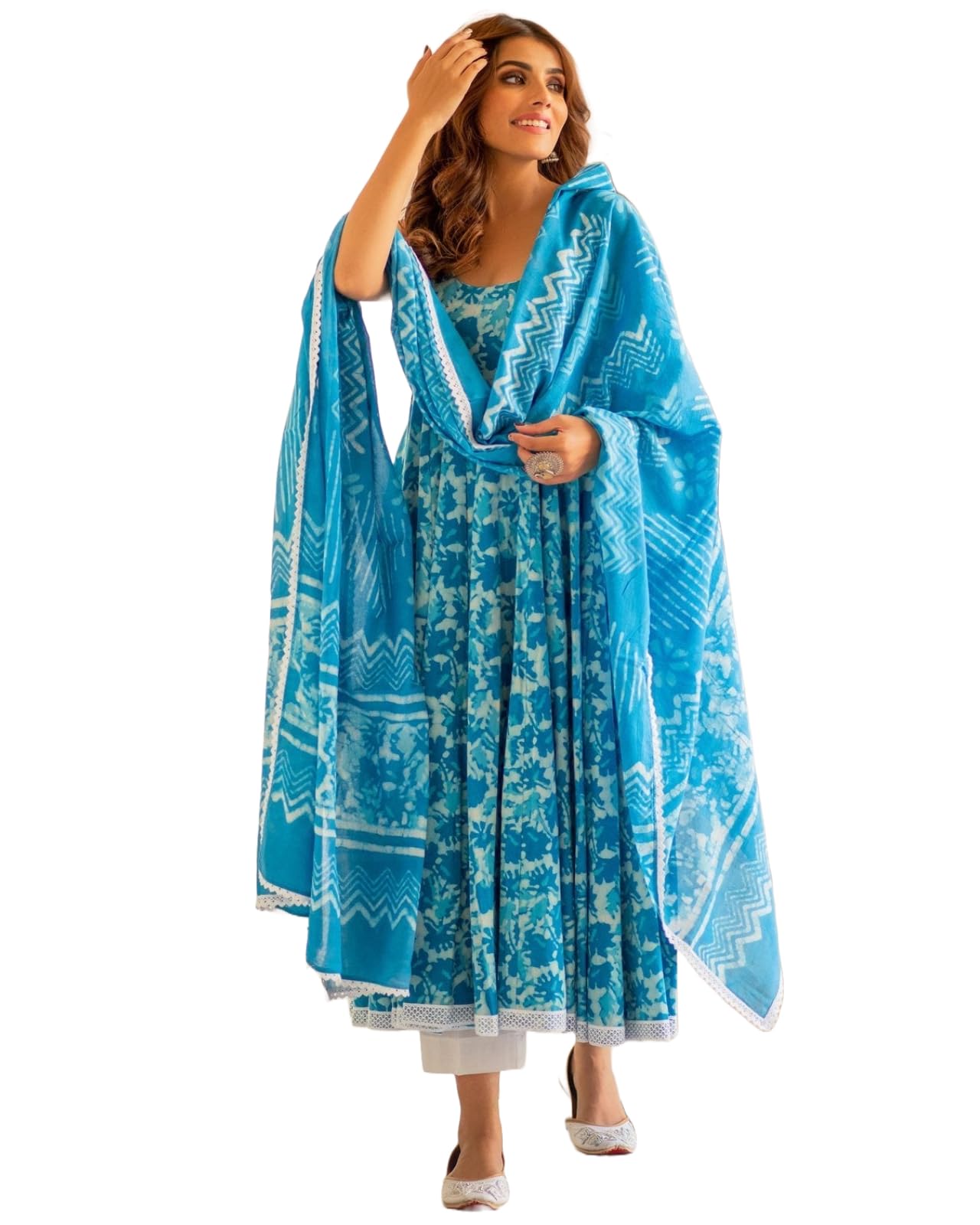 ANNI DESIGNER Womens Cotton Blend Anarkali Printed Kurta with Pant & Dupatta (Kalishta Sky Blue_L_Sky Blue_Large)