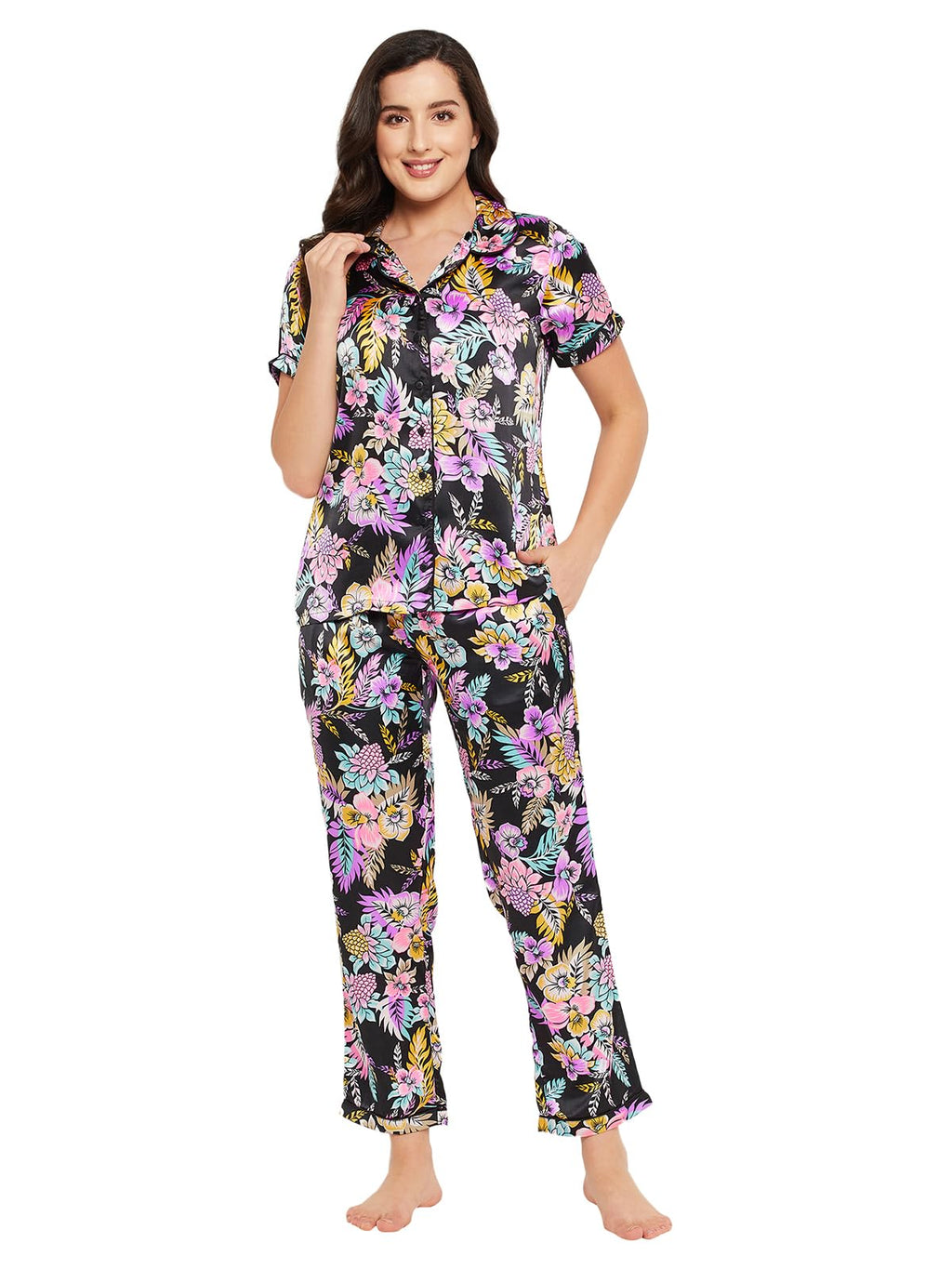 Clovia Womens Satin Pretty Florals Button Me Up Shirt & Pyjama Set (NS1212P19_Black_XL)