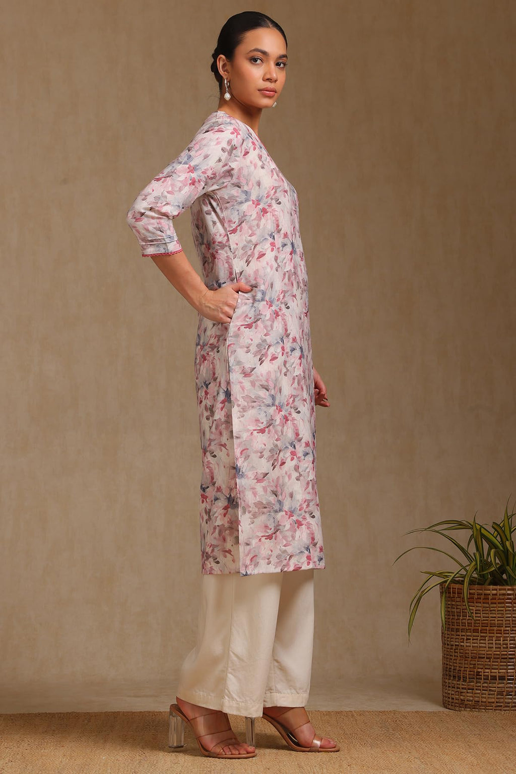 Soch Womens Cream Linen Botanical Print Kurta