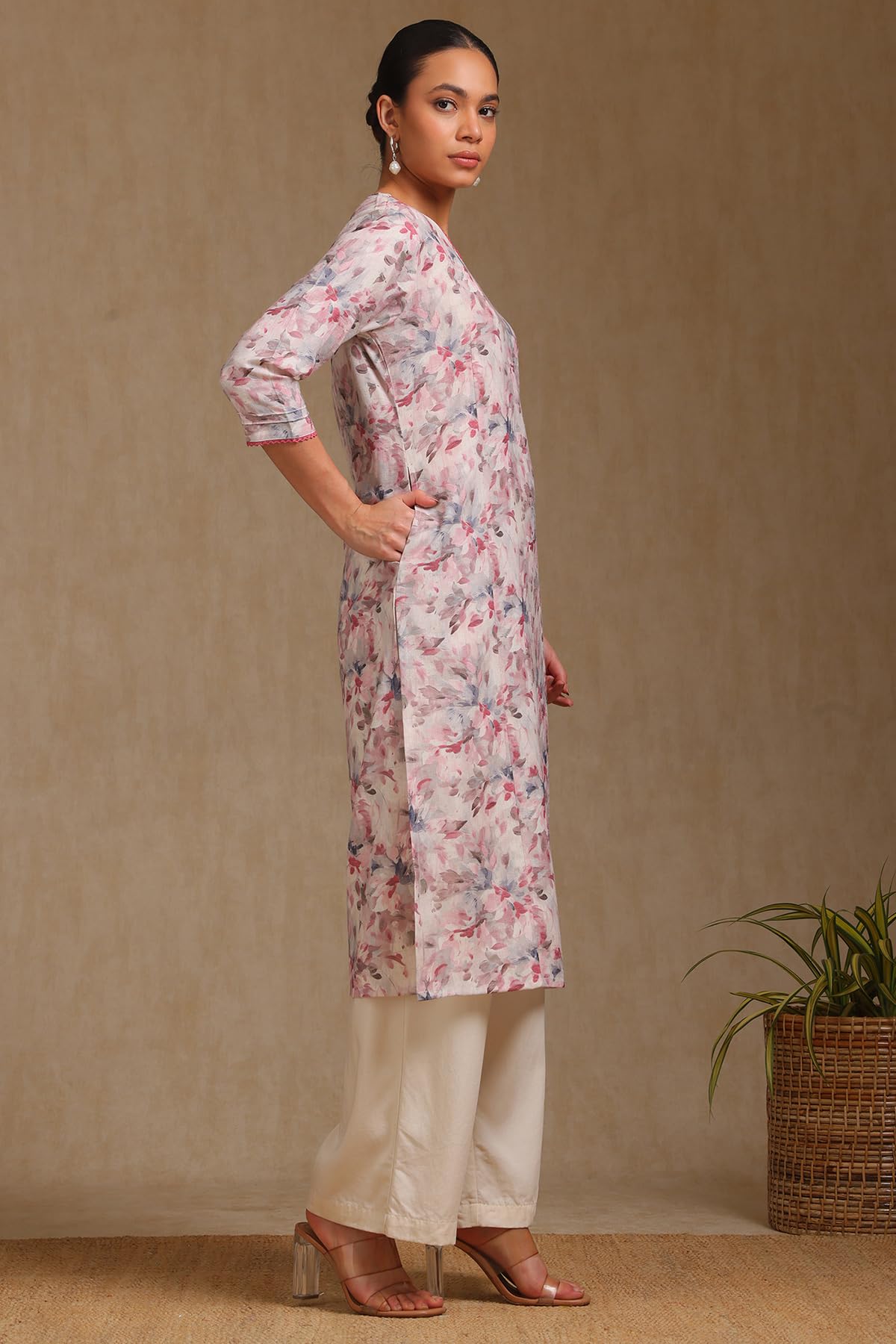 Soch Womens Cream Linen Botanical Print Kurta