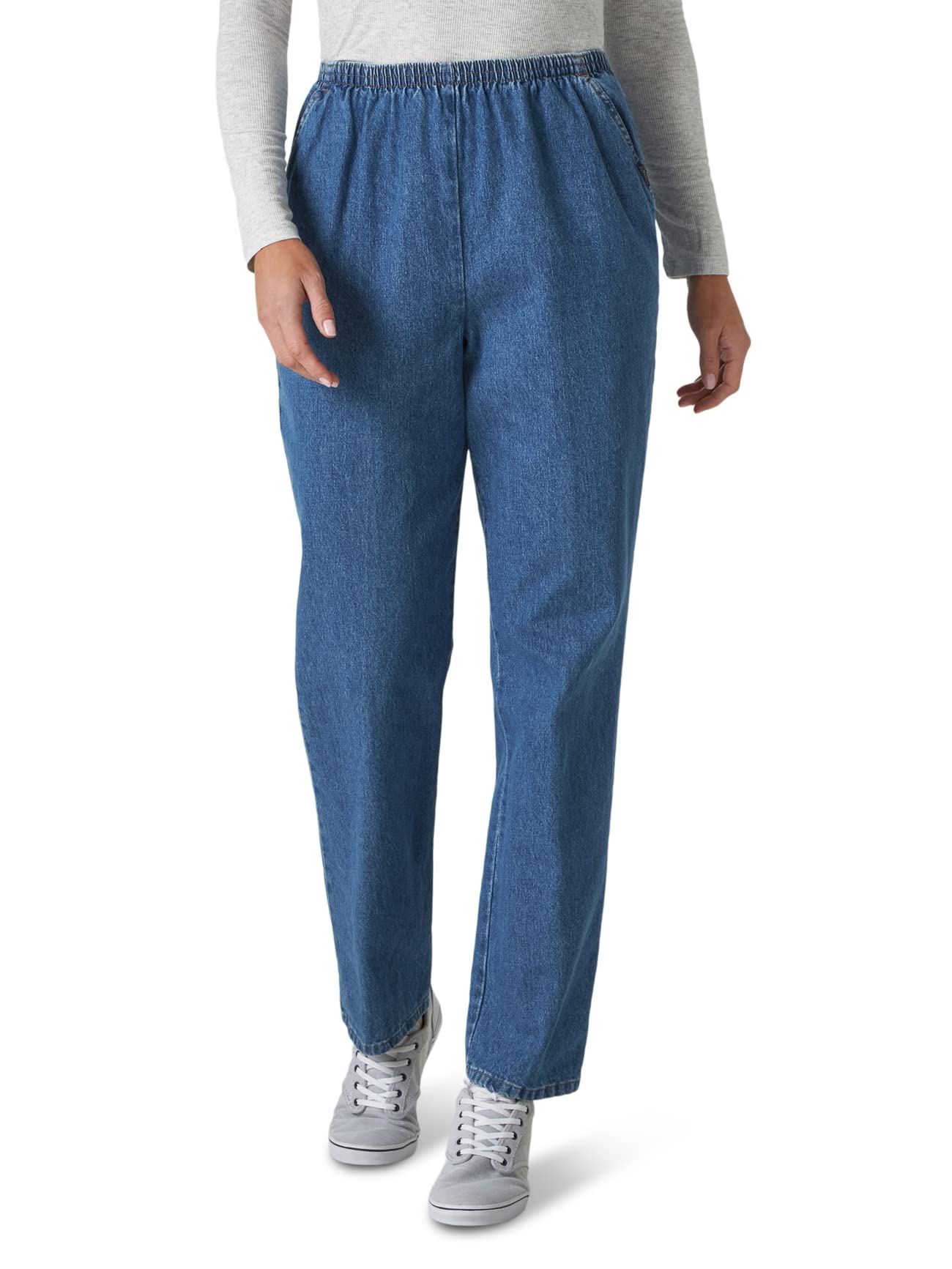 Chic Classic Collection Women's Petite Cotton Pull-On Pant with Elastic Waist, Destruction Blue Denim, 16P