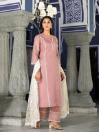 Varanga Women Mauve Kota Check Cotton Lace Kurta With Bottom And Dupatta