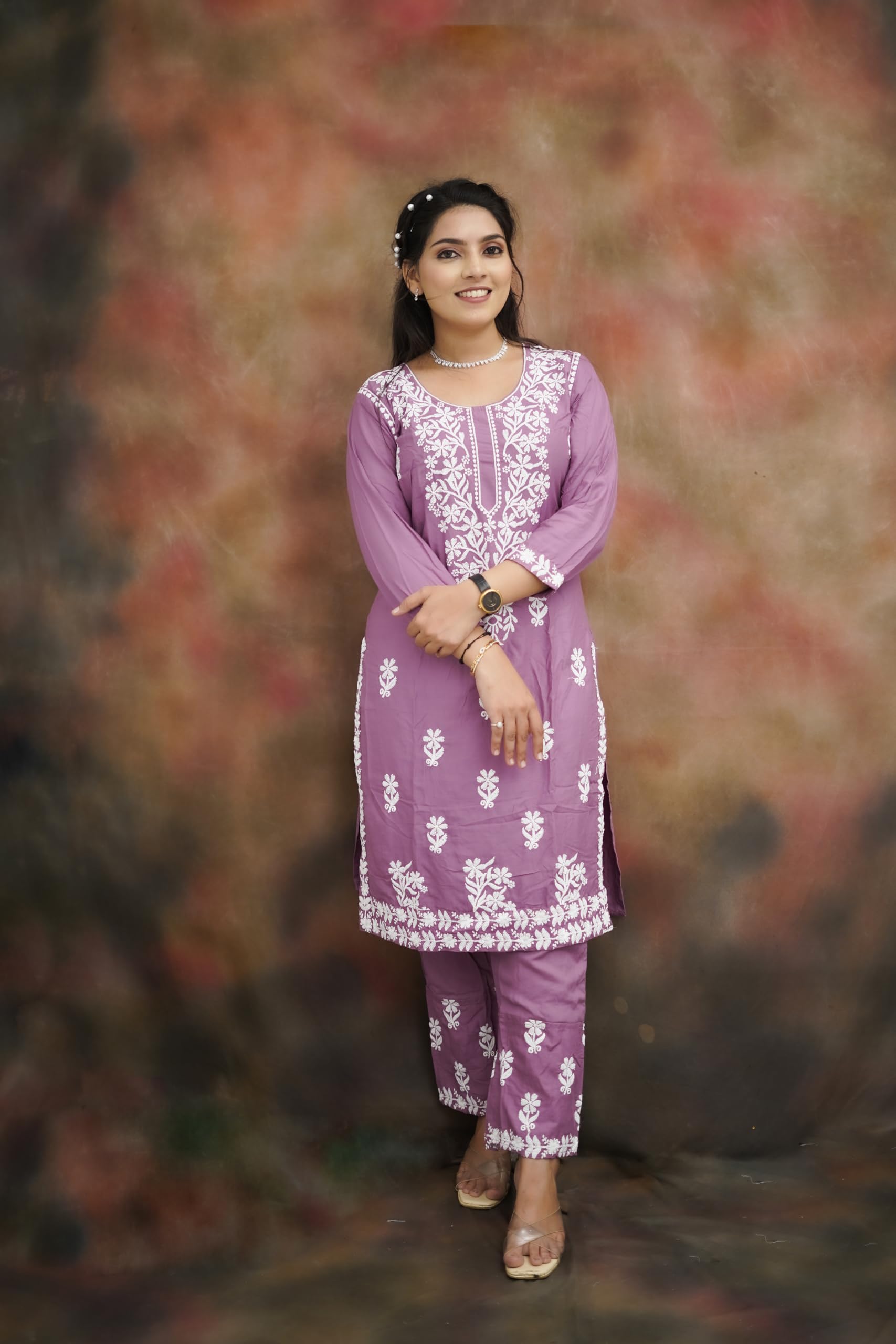 BHARVITA Women Embroidered Cotton Blend Lucknowi Chikankar Kurti Pant (2XL, Peach)