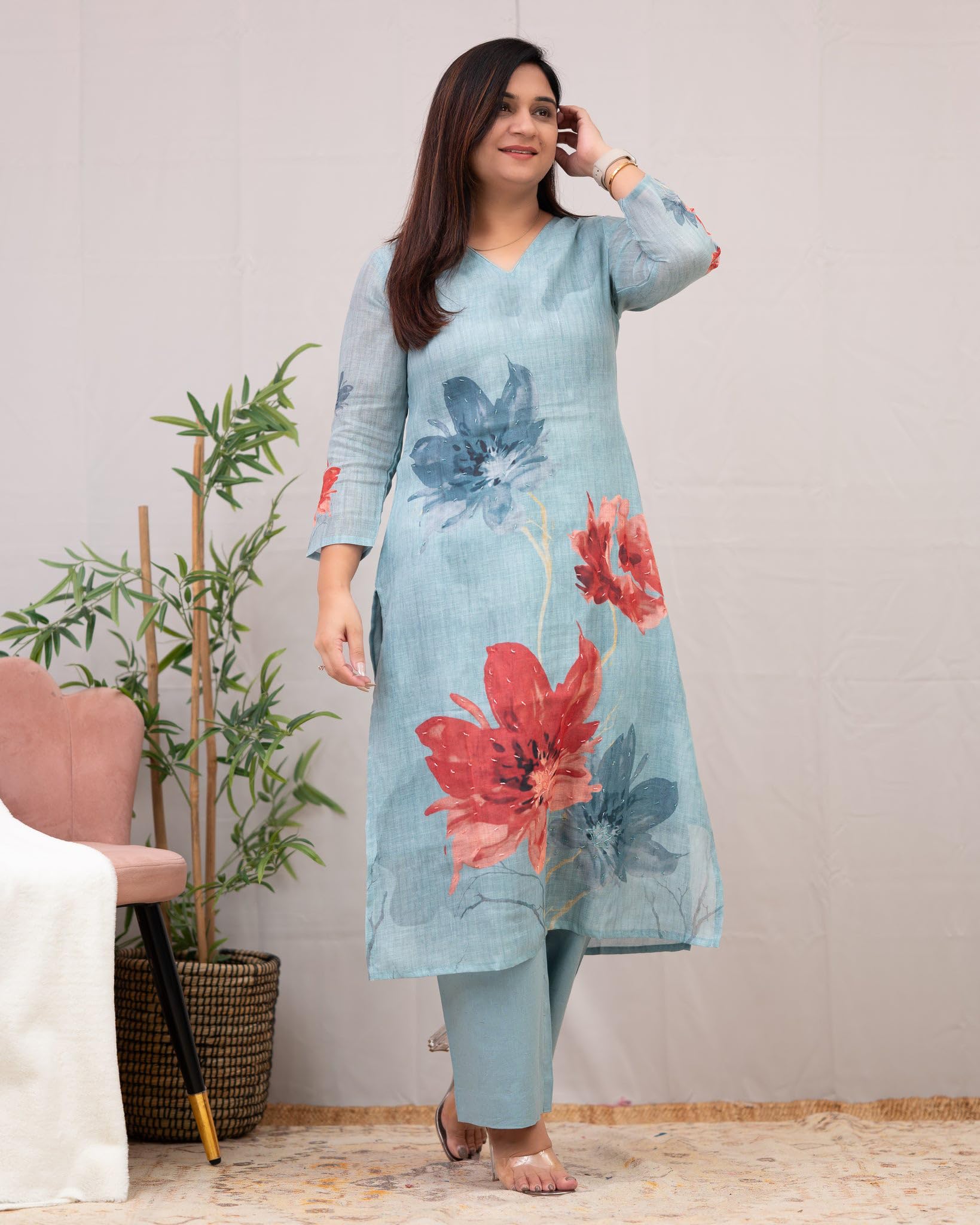 ANNI DESIGNER Women s Straight Printed Viscose Kurta with Trousers, Sky blue, 36