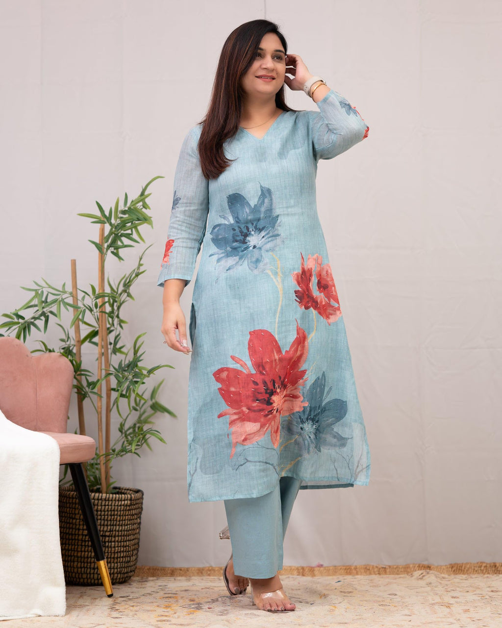 ANNI DESIGNER Women s Straight Printed Viscose Kurta with Trousers, Sky blue, 38