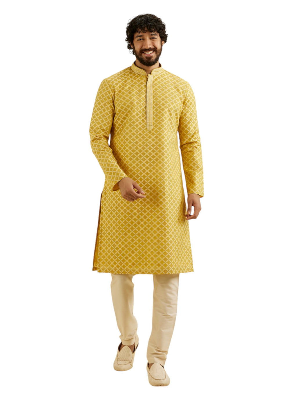 Manyavar Mens Chanderi Self Design Kurta Set (Mustard,XXL)
