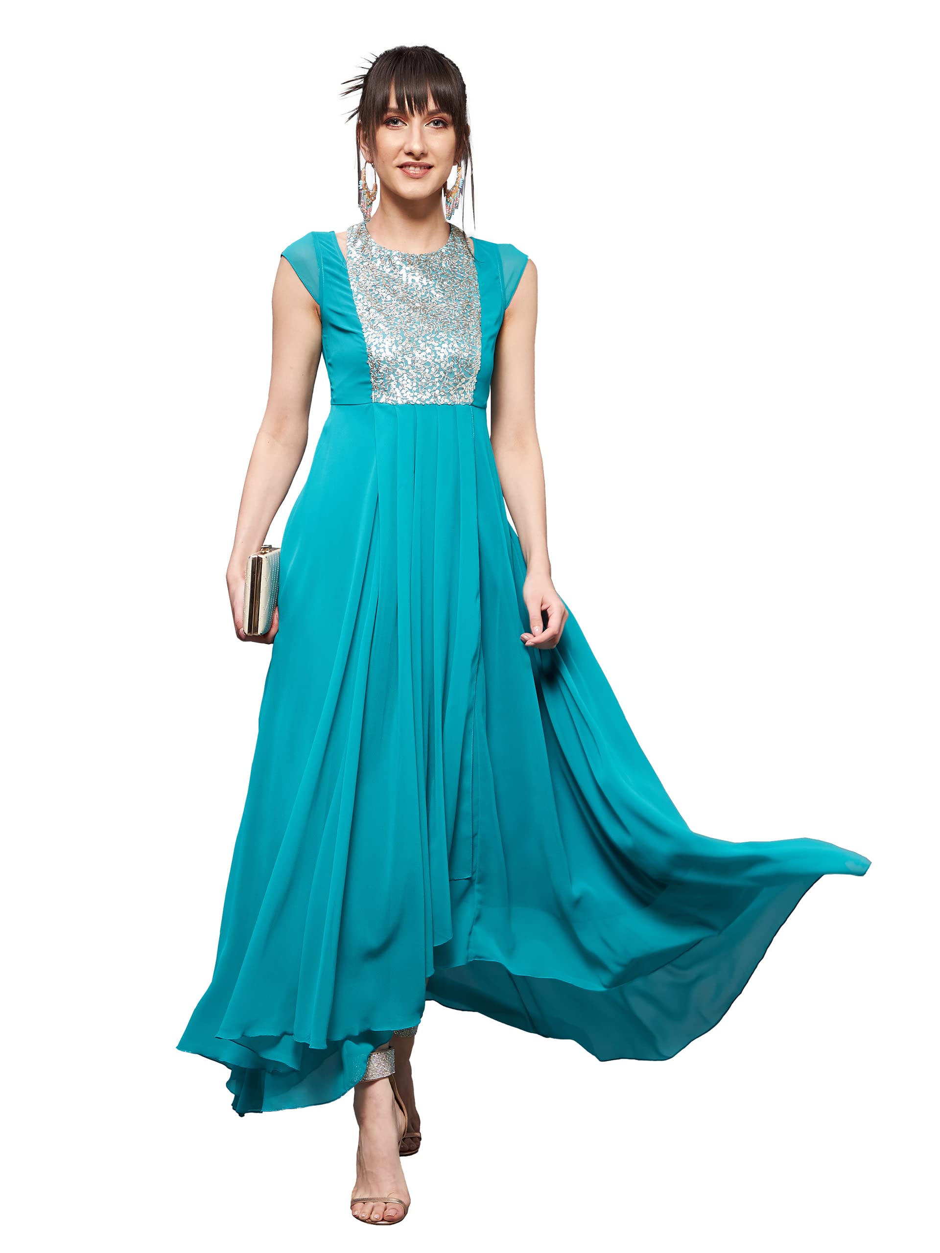 Miss Chase WomenS Turquoise Halter Neck Cap Sleeve Embellished Pleated Maxi Dress (Mcaw21D06-12-33-03, Turquoise, S)