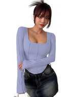 Sugathari Womens Sky Blue Solid Long Sleeve Wrap-Style Square Split Crew Neck Bodycon Women T-Shirt Spring and Summer, Minimali