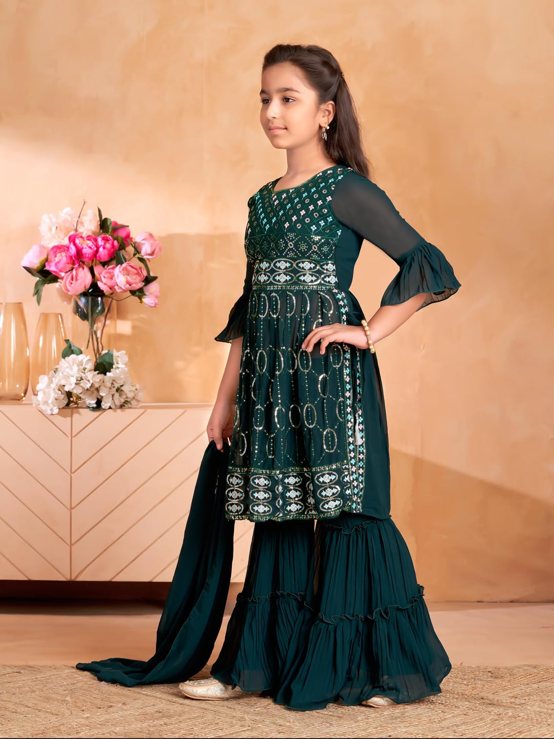 Aarika Girls Ethnic Wear Dark Green Colour Sequin Thread Embroidery Kurti Sharara Set With Dupatta-(5-11 Years)-(SH-MC-1644-D-GR
