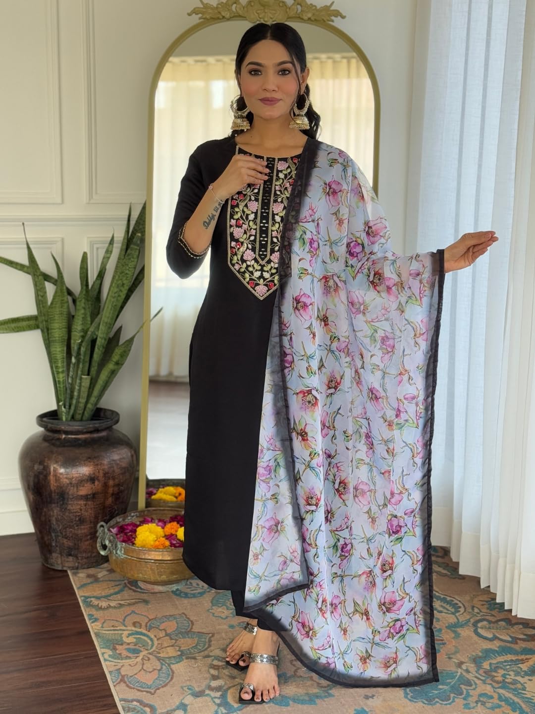 Naixa WomenS Black Rayon Embroidered Straight Kurta With Rayon Pant And Taby Printed Dupatta Sets