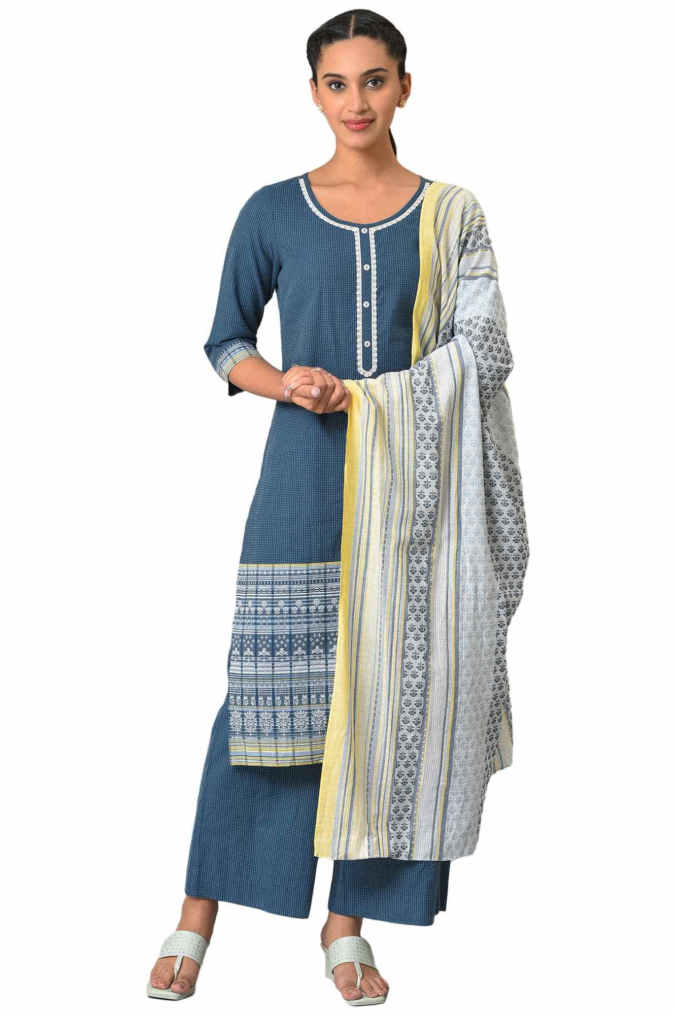 Aurelia Geometric Printed Cotton Navy Kurta Dupatta Bottomwear Set For Women