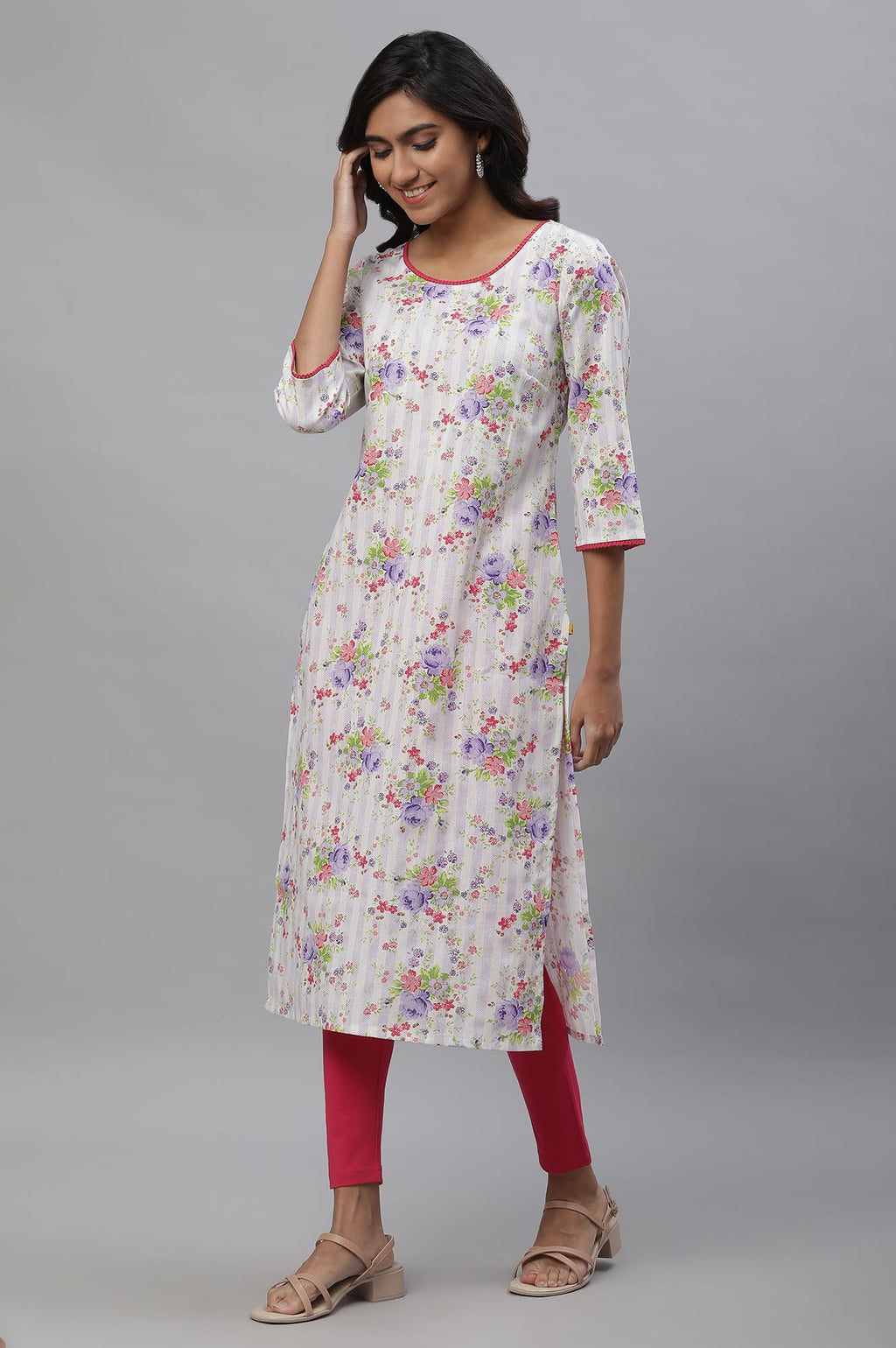 Aurelia White Floral Printed Printed Lace Cotton Straight Long Kurta