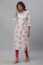 Aurelia White Floral Printed Printed Lace Cotton Straight Long Kurta