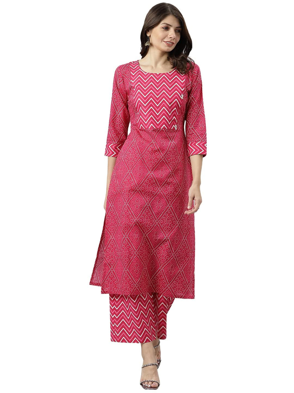 Gosriki Women'S Cotton Blend Printed Straight Kurta With Palazzo (Pimpli Pink_M-Go_Pink_Medium)