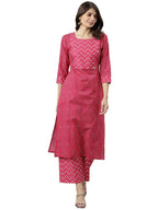 Gosriki Women'S Cotton Blend Printed Straight Kurta With Palazzo (Pimpli Pink_M-Go_Pink_Medium)