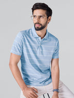 XYXX Linea Mens Stripe Cotton T-Shirt | Polo Collor Tshirts | Half Sleeves | Stripe-Slim Fit | Sky Blue