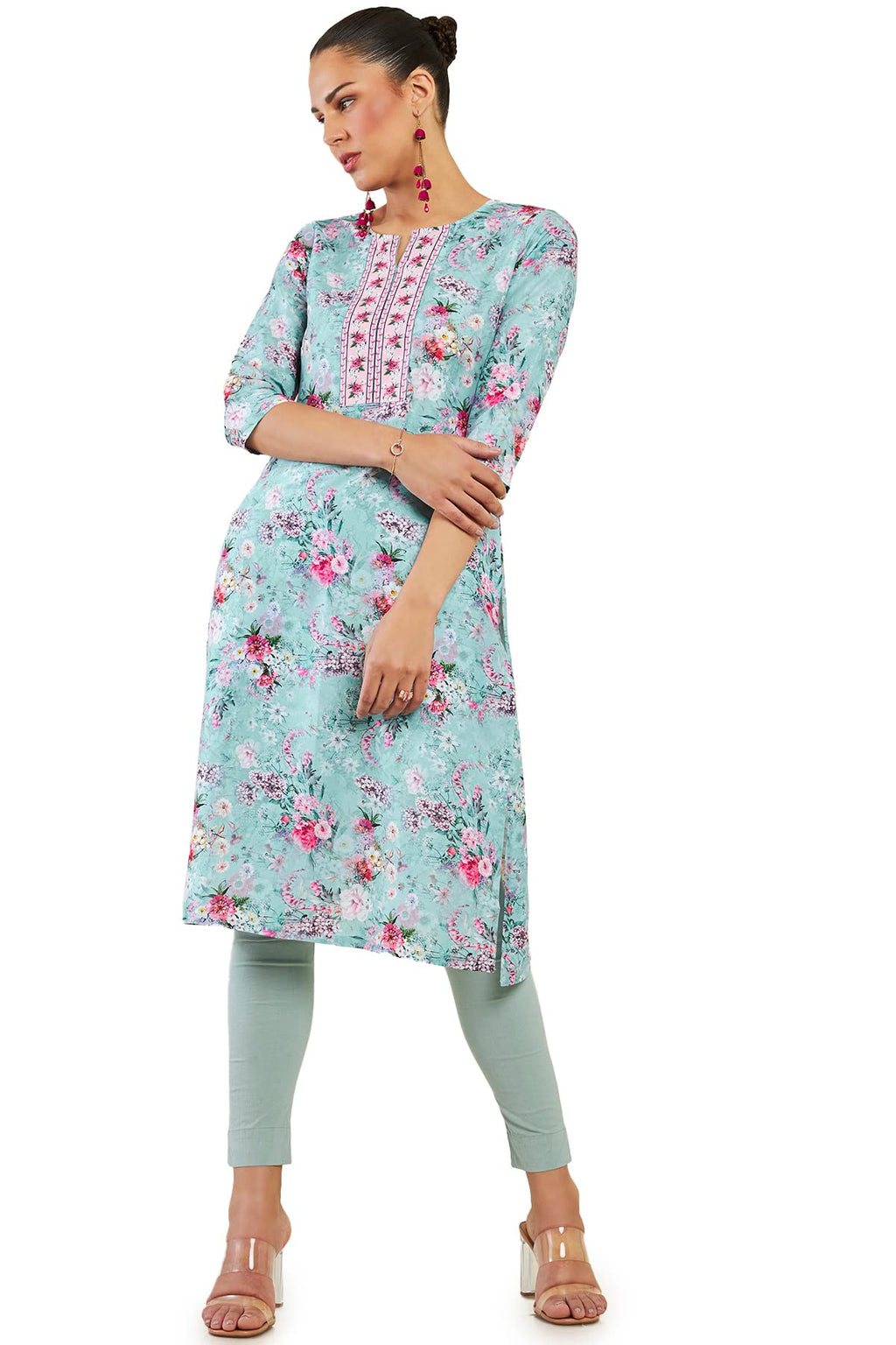 Soch Women Turquoise Blue Cotton Blend Floral Kurta(8907715976793_Turquoise Blue_S)