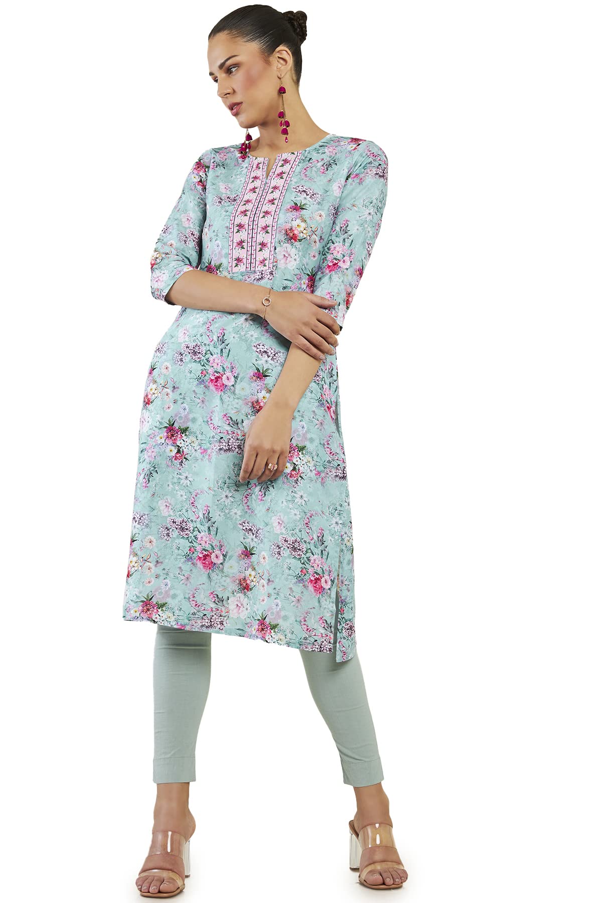 Soch Women Turquoise Blue Cotton Blend Floral Kurta(8907715976793_Turquoise Blue_S)