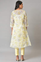W Ecru Floral Printed Synthetic Lace Regular Kurta For Women