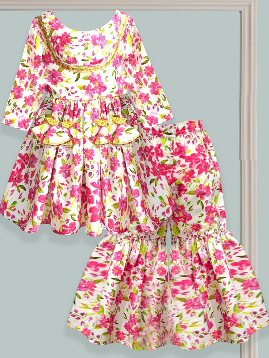 A.T.U.N. (All Things Uber Nice) A.T.U.N. Girls Ethnic Wear Sharara | Floral Pink Printed Kurta With Sharara Set For Girls