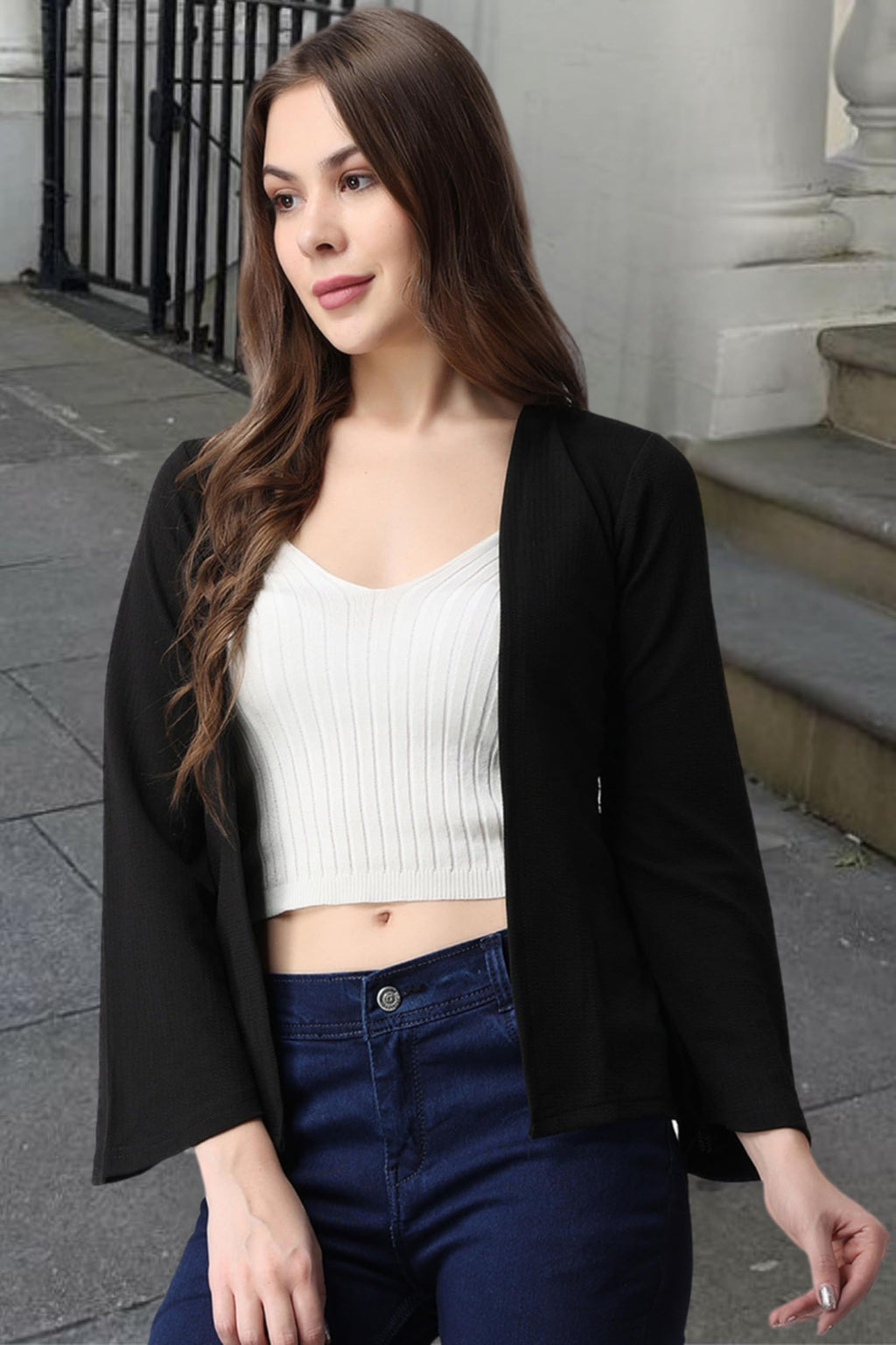 POPWINGS Casual Black Solid Front Open Shrug for Women | Latest Stylish Summer Wear Shrugs for Women | Hip-Length Women Shrug wi