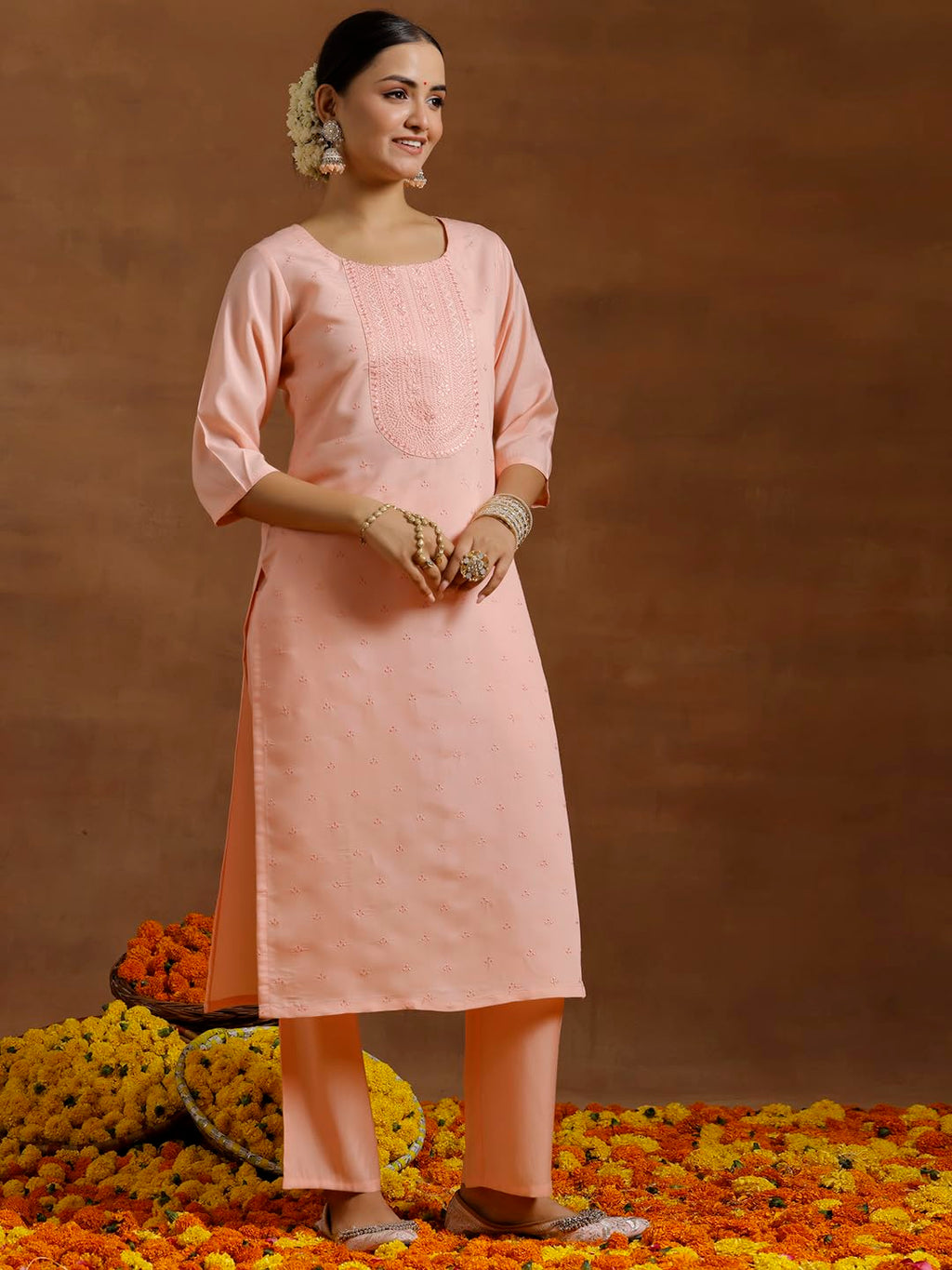 Libas Gerua Womens Embroidered Silk Blend Straight Kurta With Trousers