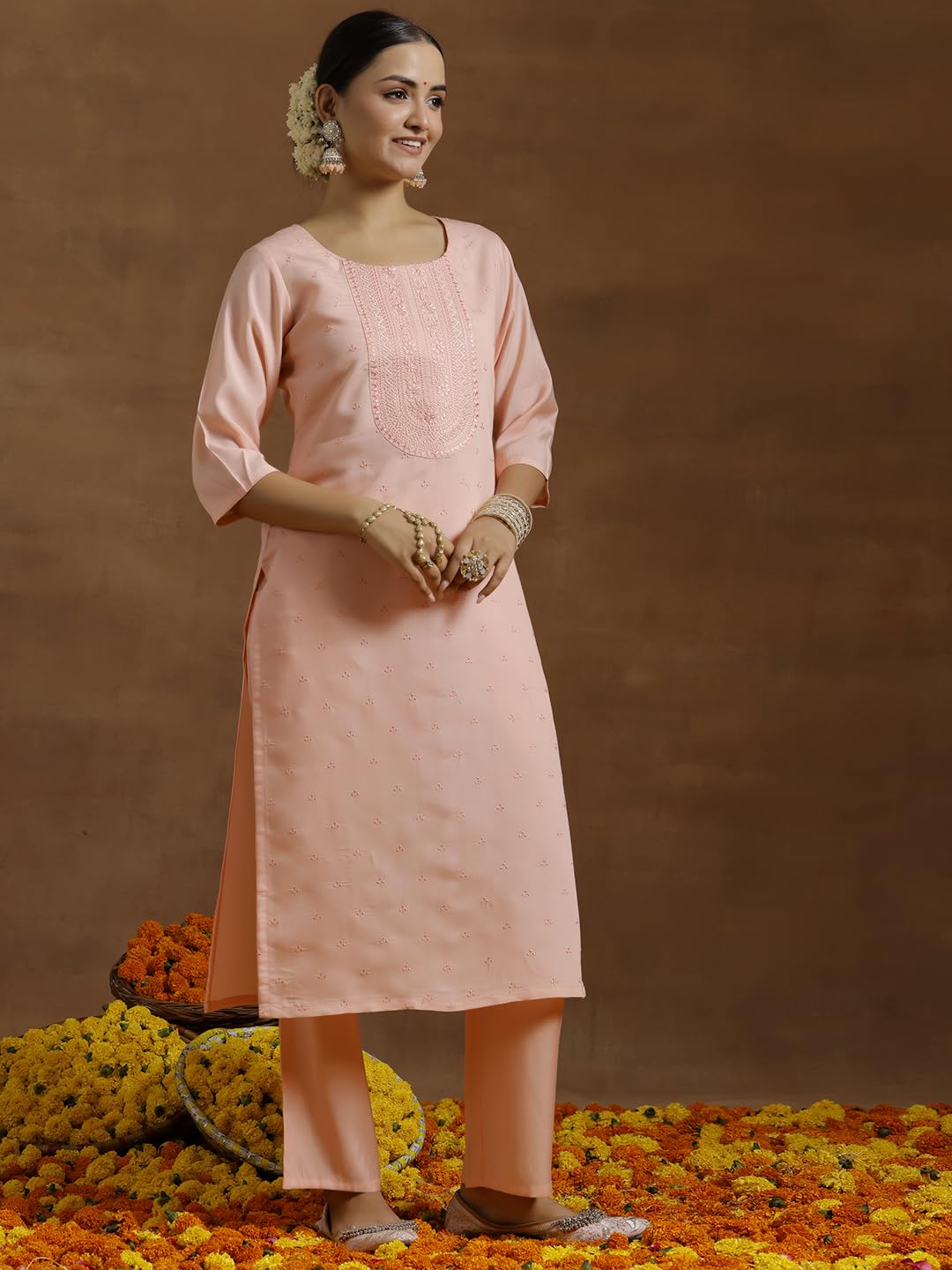 Libas Gerua Womens Embroidered Silk Blend Straight Kurta With Trousers