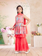 Aarika Girls Ethnic Wear Gajri Colour Floral Print/Hand Embriodery Georgette Kurti Sharara Set with Dupatta-(4-10 Years)-(SH-183