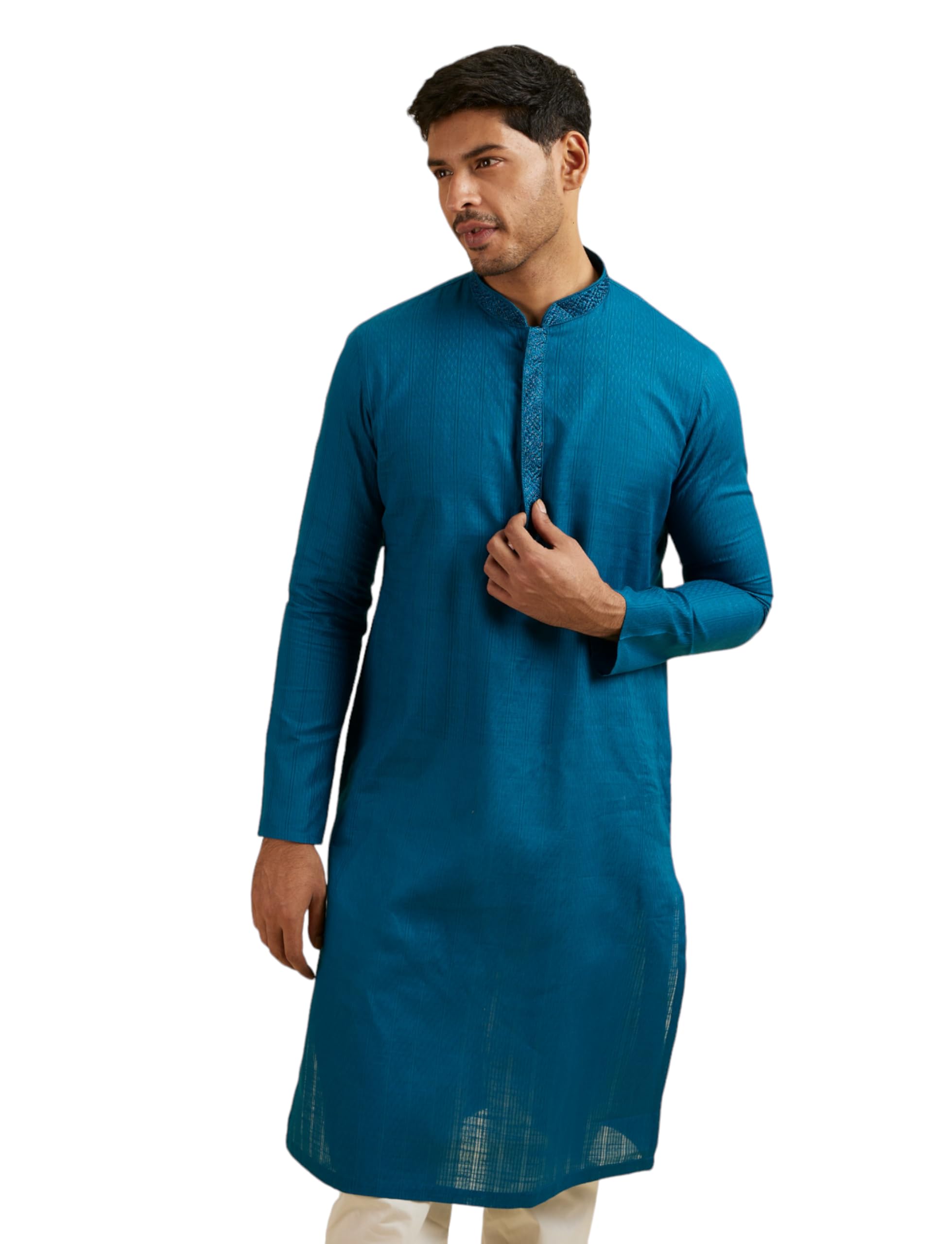 Manyavar Mens Cotton Embroidered Self Design Kurta Pyjama Set (Blue,XXL)