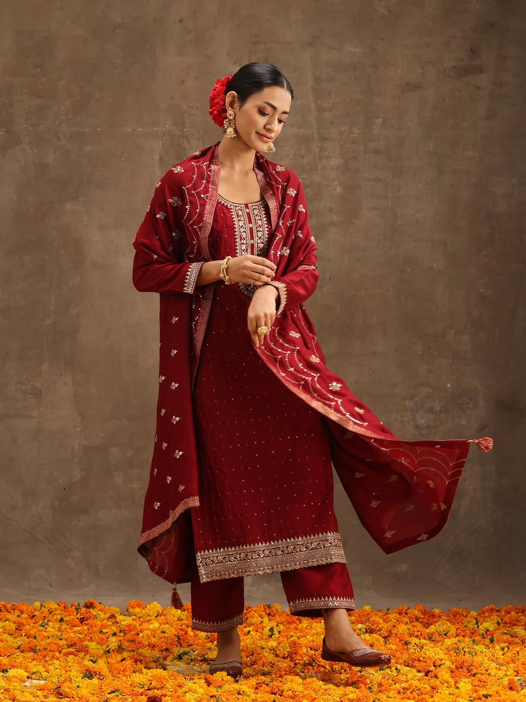 Libas WomenS Silk Blend Kurta Sets (38088O_Maroon