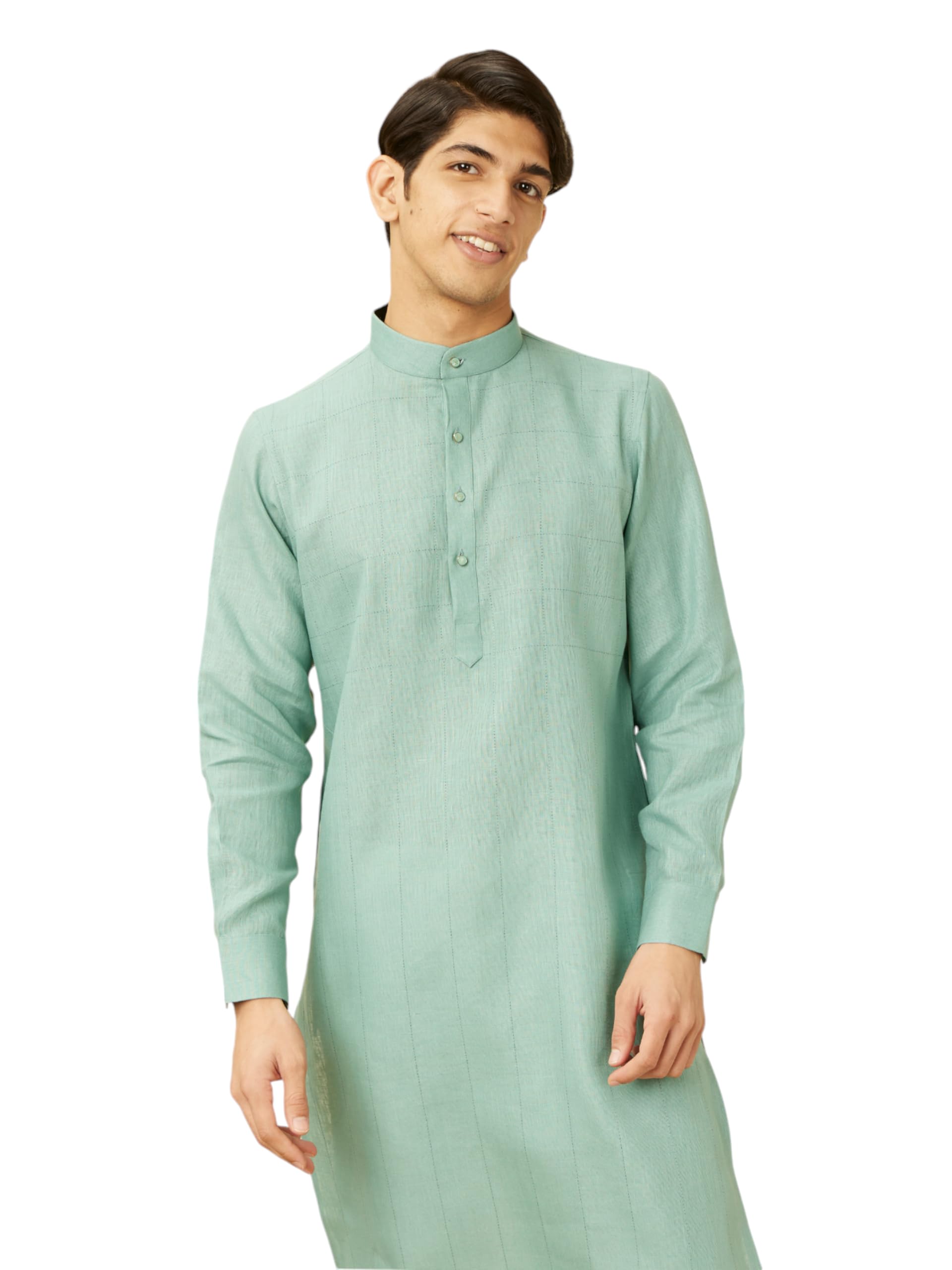 Manyavar Mens Tropical Blue Chequered Kurta (M)