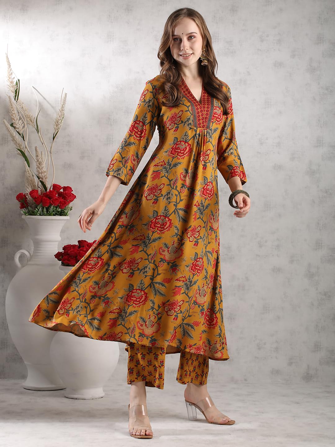 ANNI DESIGNER Women s Anarkali Printed Rayon Blend Palazzo and Dupatta Kurta, Yellow, XL