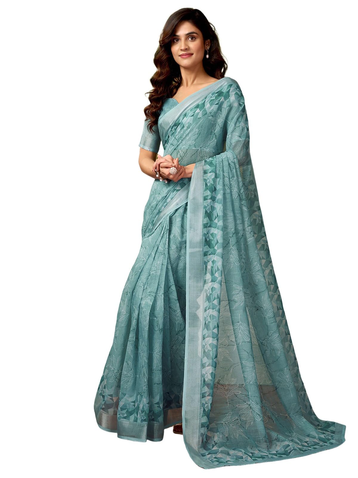 Satrani WomenS Linen Zari Border Printed Ready To Wear One Minute Pre Pleated Readymade Saree With Unstitched Blouse Piece (33R