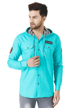 Besix MenS Green Tailored Fit Cotton Blend Shirt For Man With Hoodie - Casual Long Sleeve Shirt With Pockets - Patch Detail For