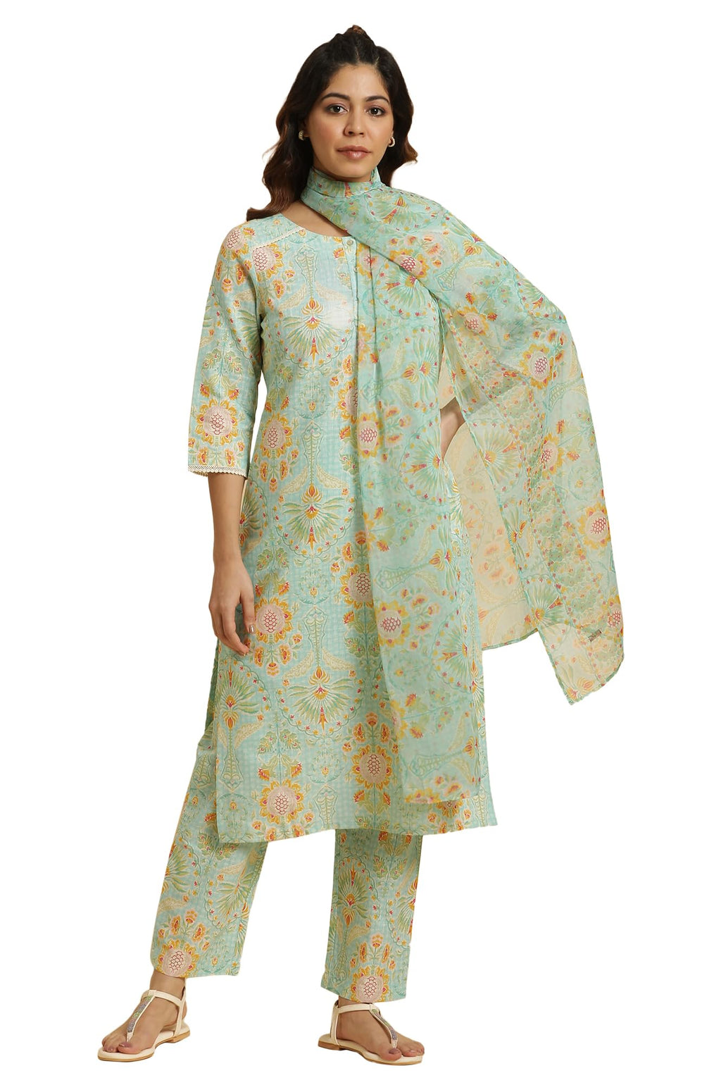 W For Woman Light Green Floral Printed Kurta, Pants & Dupatta Set (Size: 2Xl)-23Auws10121-122679