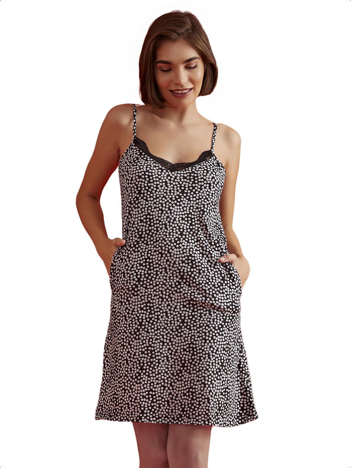 Clovia Womens Cotton Polka Dots Knee Length Nighty (NS1088A13L_Black_L)