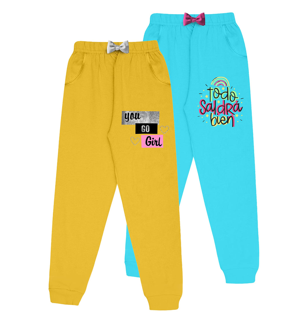 Kyda Kids Girls Regular Fit Cotton Printed Track Pants With Pocket - Multicolor (Pack Of 2) 2 Years-3 Years