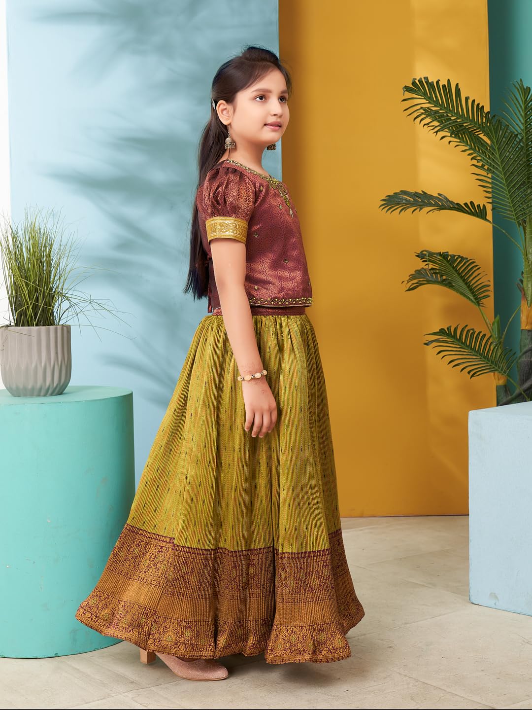 Aarika Girls Ethnic Wear Maroon Colour Hand Embroidery Lace Work Brocade Lehenga Choli Set (5-11 Years)