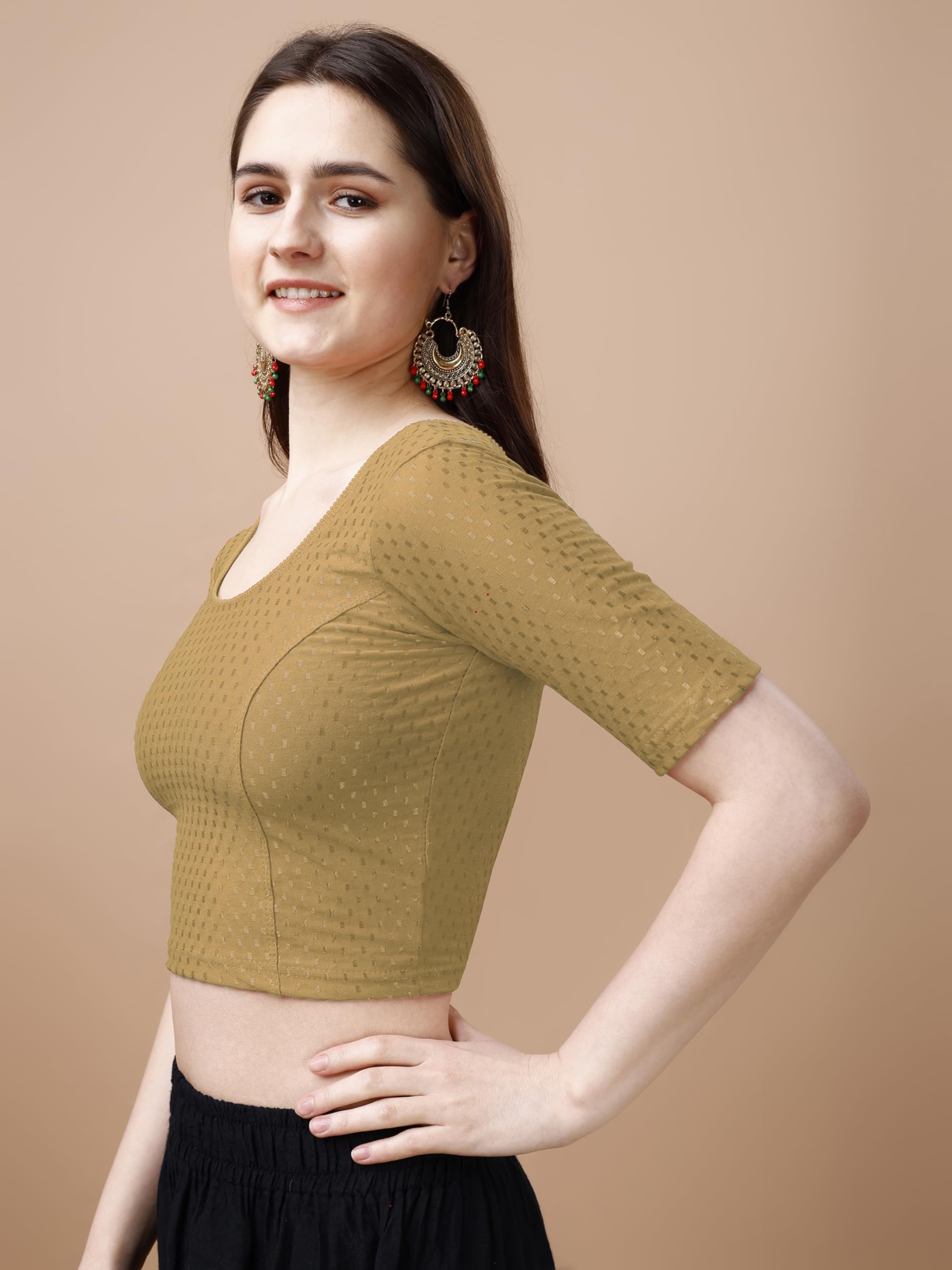 Pujia Mills WomenS Readymade Dobby Cotton Lycra Stretchable Round Neck Half Sleeve Blouse Fancy Gold Color Lycra Stretchable Bl